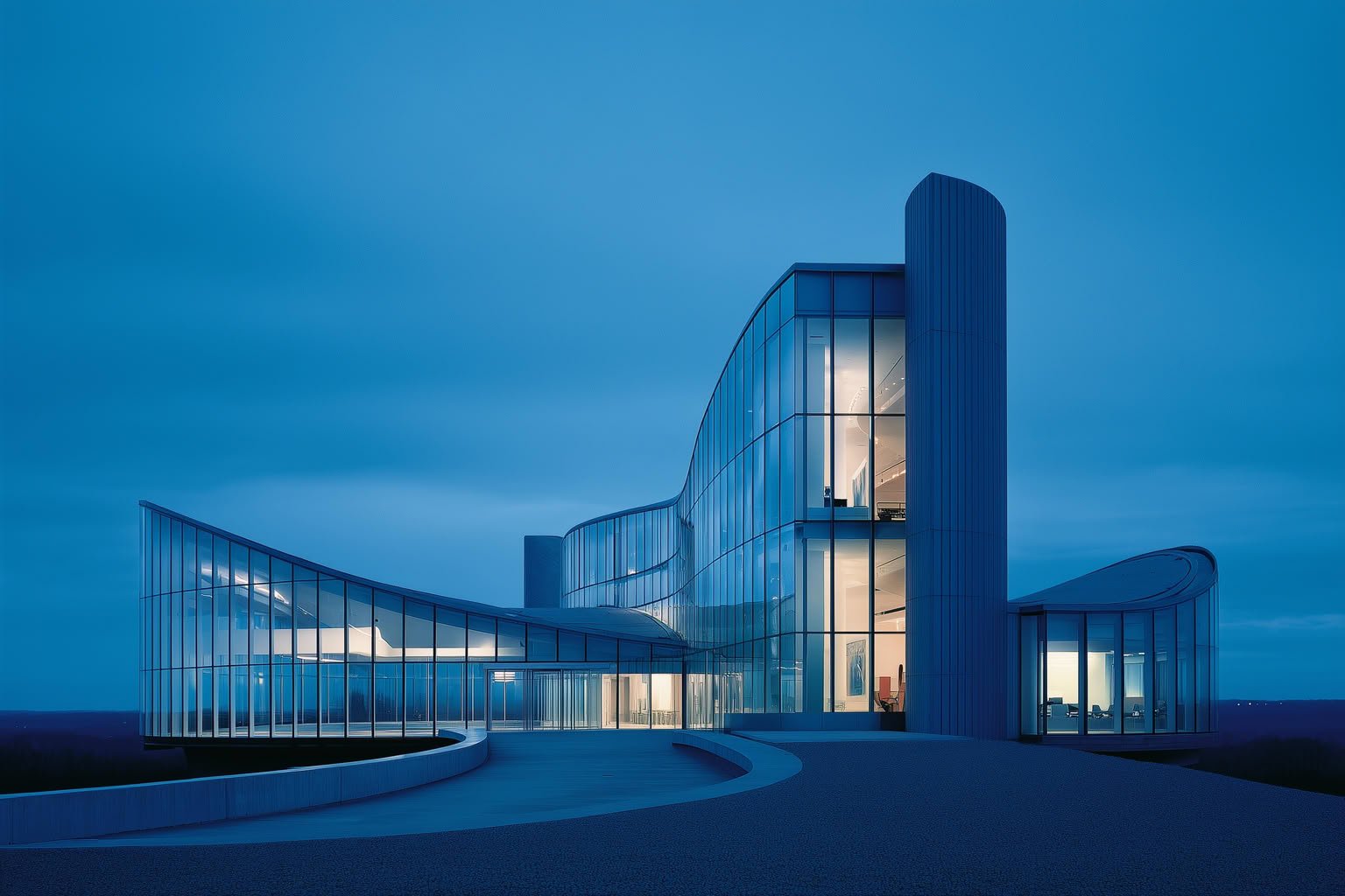 Modern building with curving glass facade, illuminated interiors, and a deep blue twilight sky.