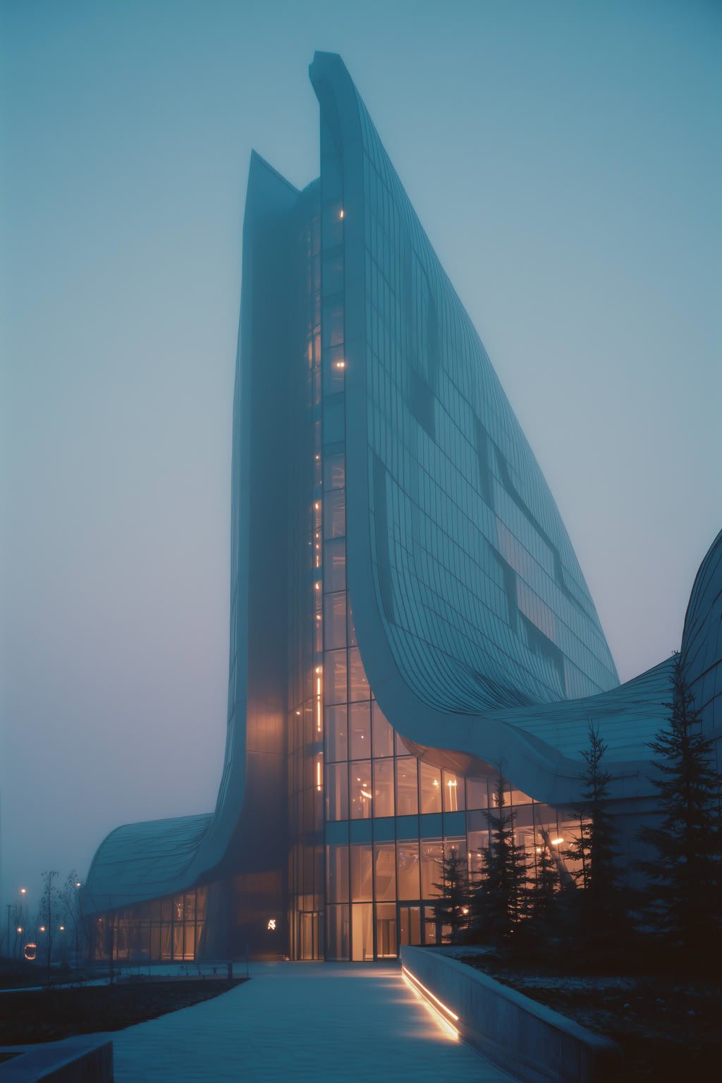 Modern high-rise building with curved glass facade in a misty, blue-lit setting.