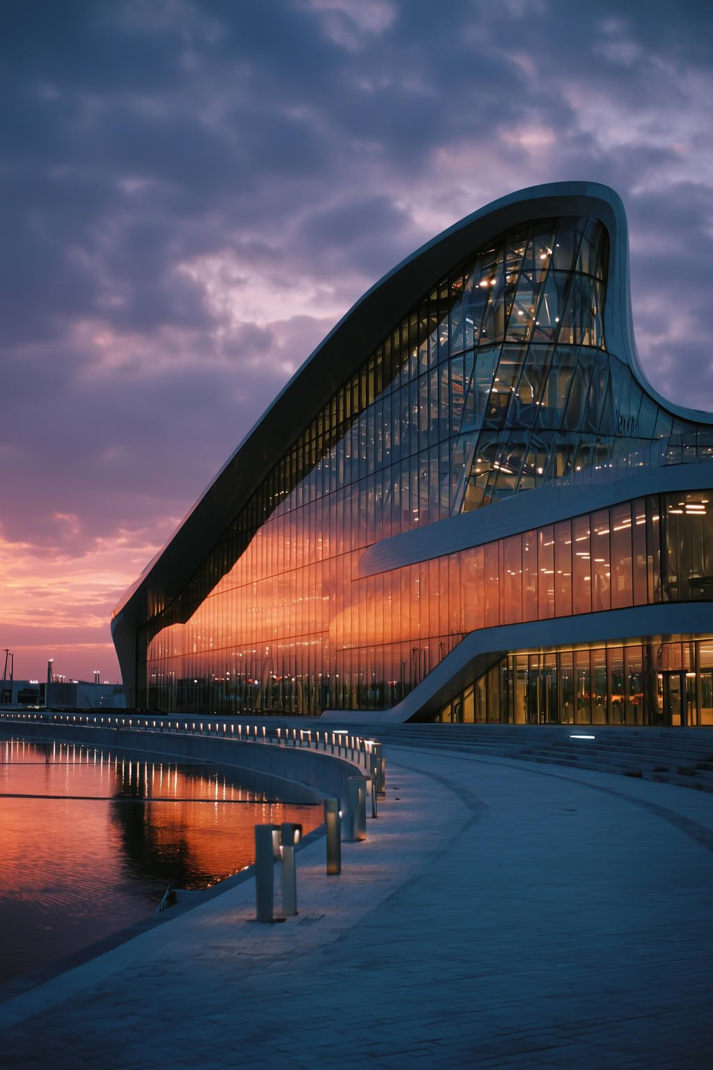 A modern building with a curved glass facade reflects a sunset over a reflective water feature at twilight.