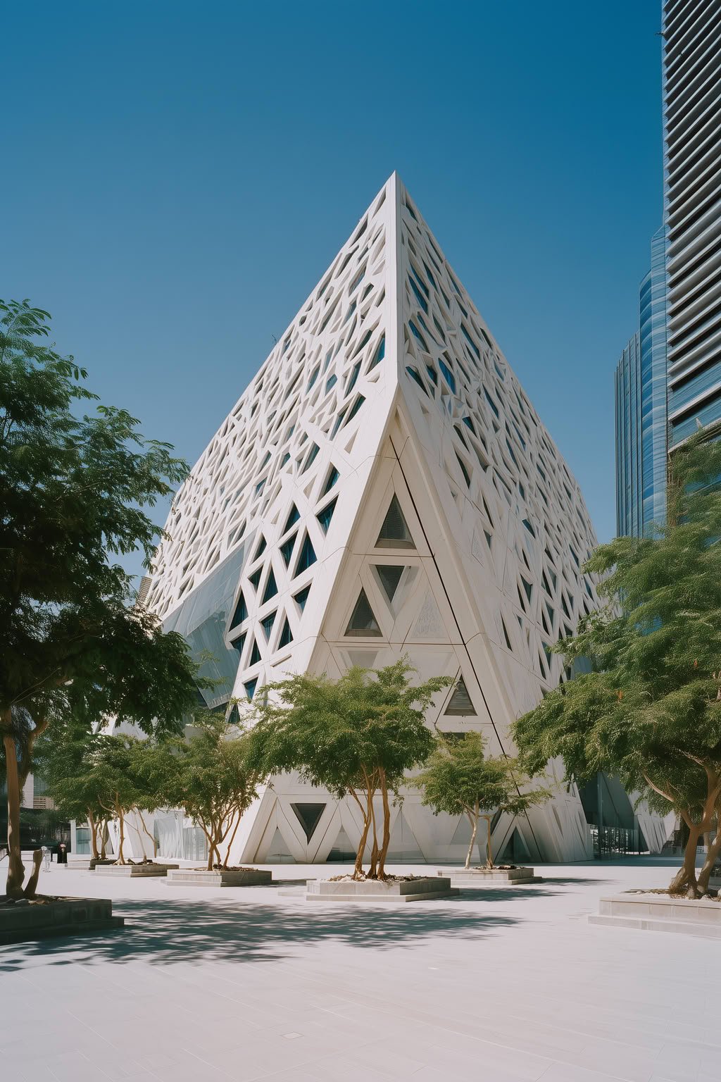 A modern, angular white building with a geometric facade and triangular windows under a clear blue sky, surrounded by small trees.