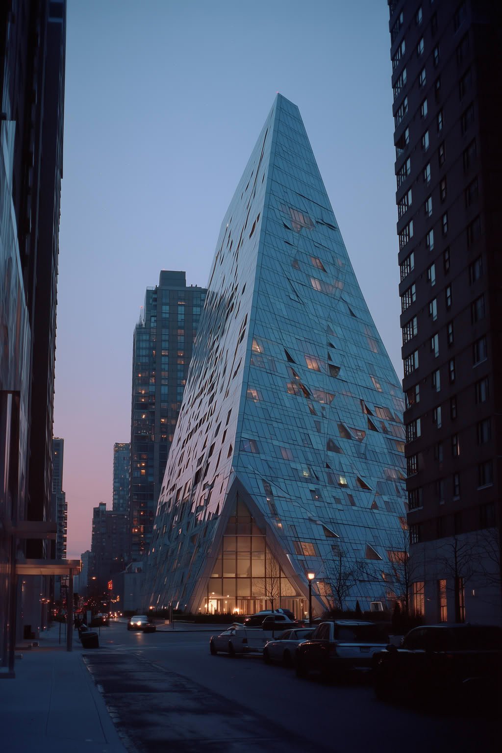 Modern triangular glass building at dusk, surrounded by city buildings and street.