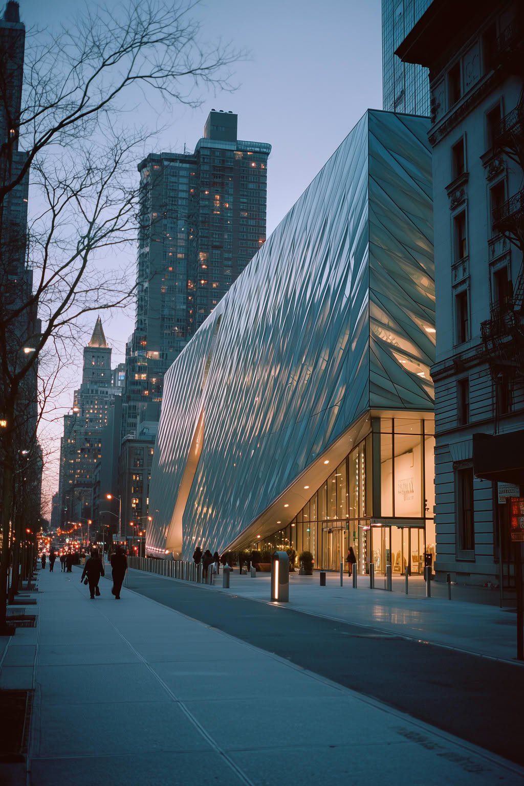 Modern faceted glass building at twilight on an urban street with pedestrians.