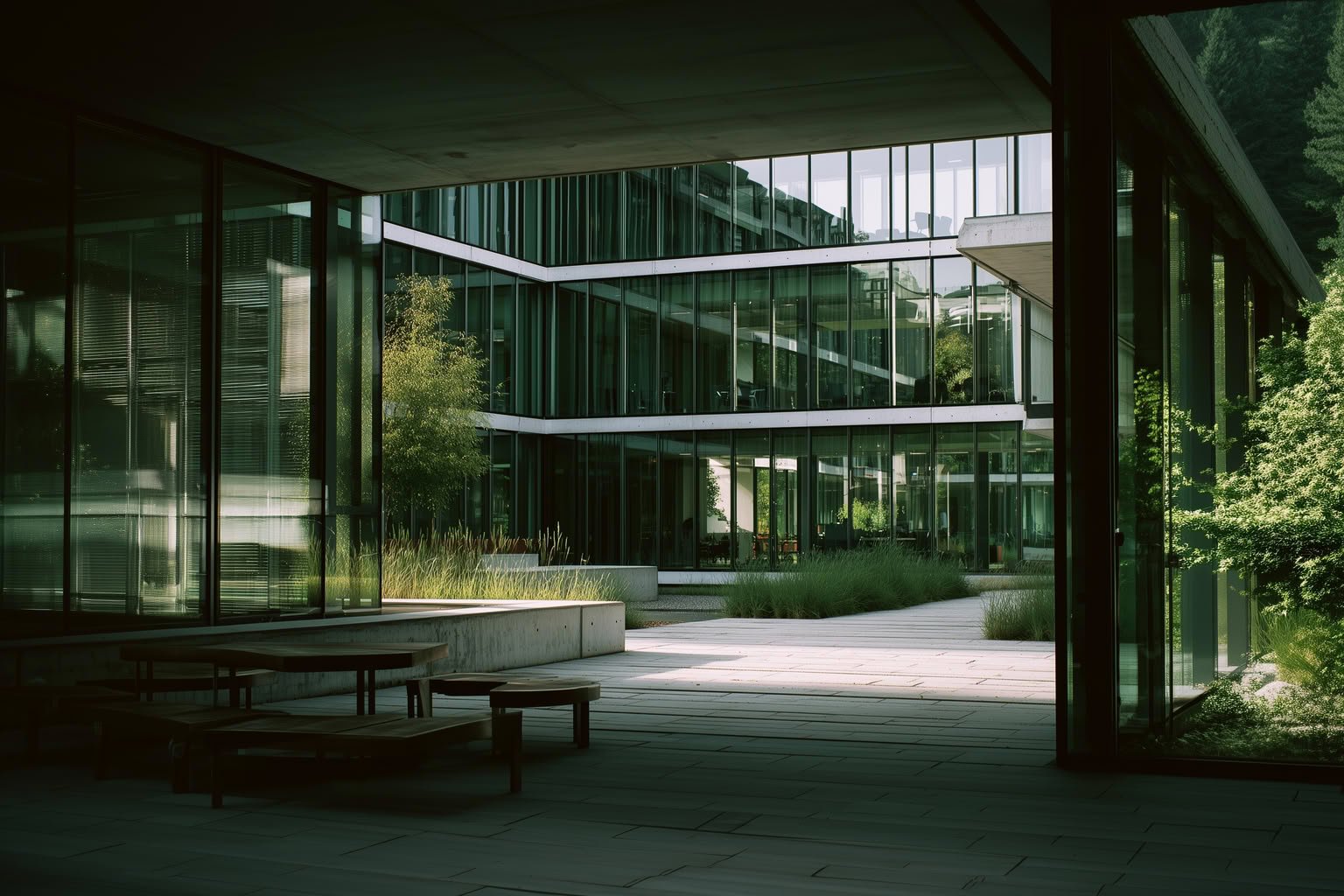 Modern office building with glass facades around a courtyard. Features lush greenery, concrete planters, and outdoor wooden seating.