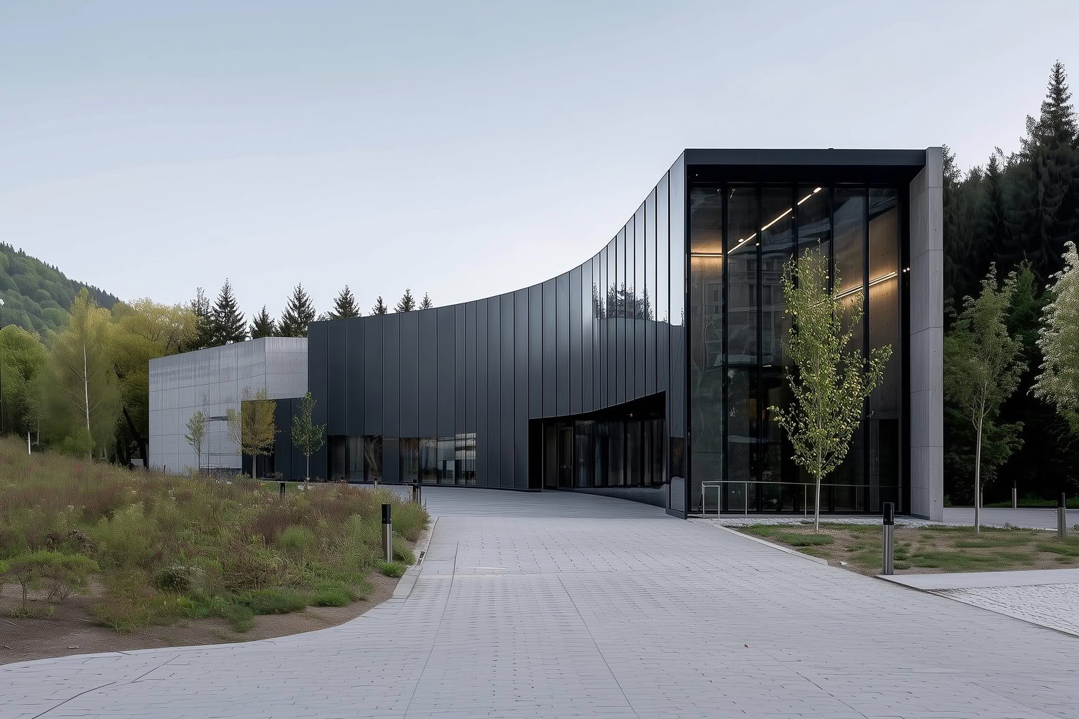 A contemporary building featuring a curved dark gray facade, large glass sections, and concrete walls, surrounded by trees.