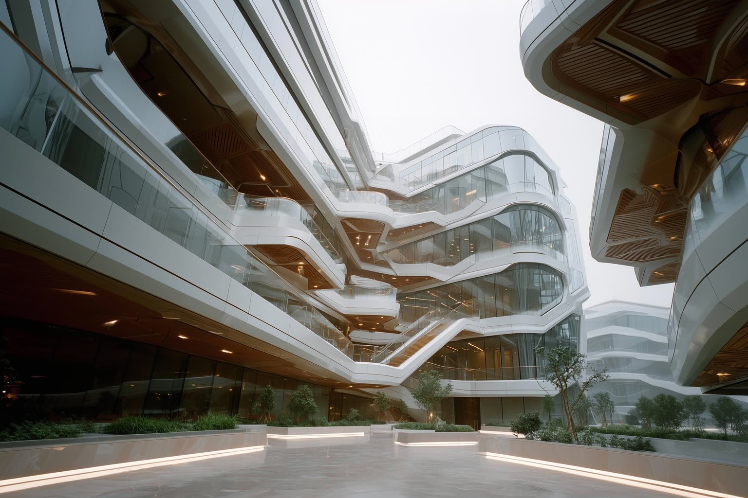 Exterior view of modern curvilinear buildings with glass facades, white panels, warm wood accents, and an illuminated courtyard.