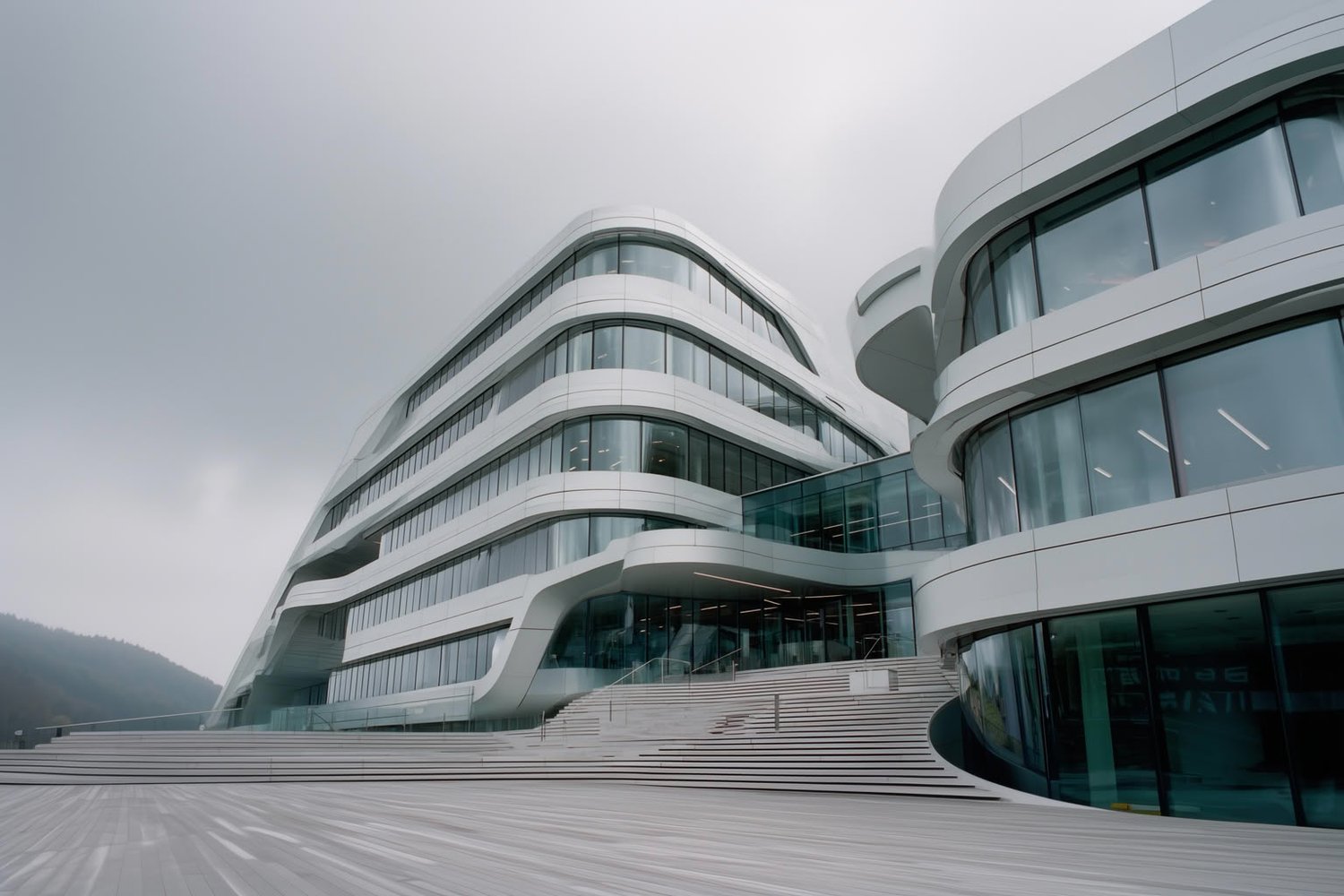 Modern building with white curved facades and large glass windows, set against an overcast sky, with a wide outdoor plaza and steps.