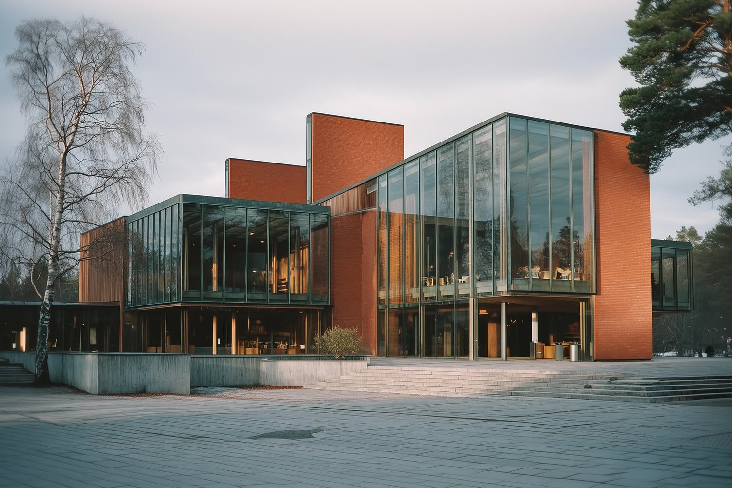 A modern building with red brick walls, large glass facades, and a grey paved courtyard on a bright day.