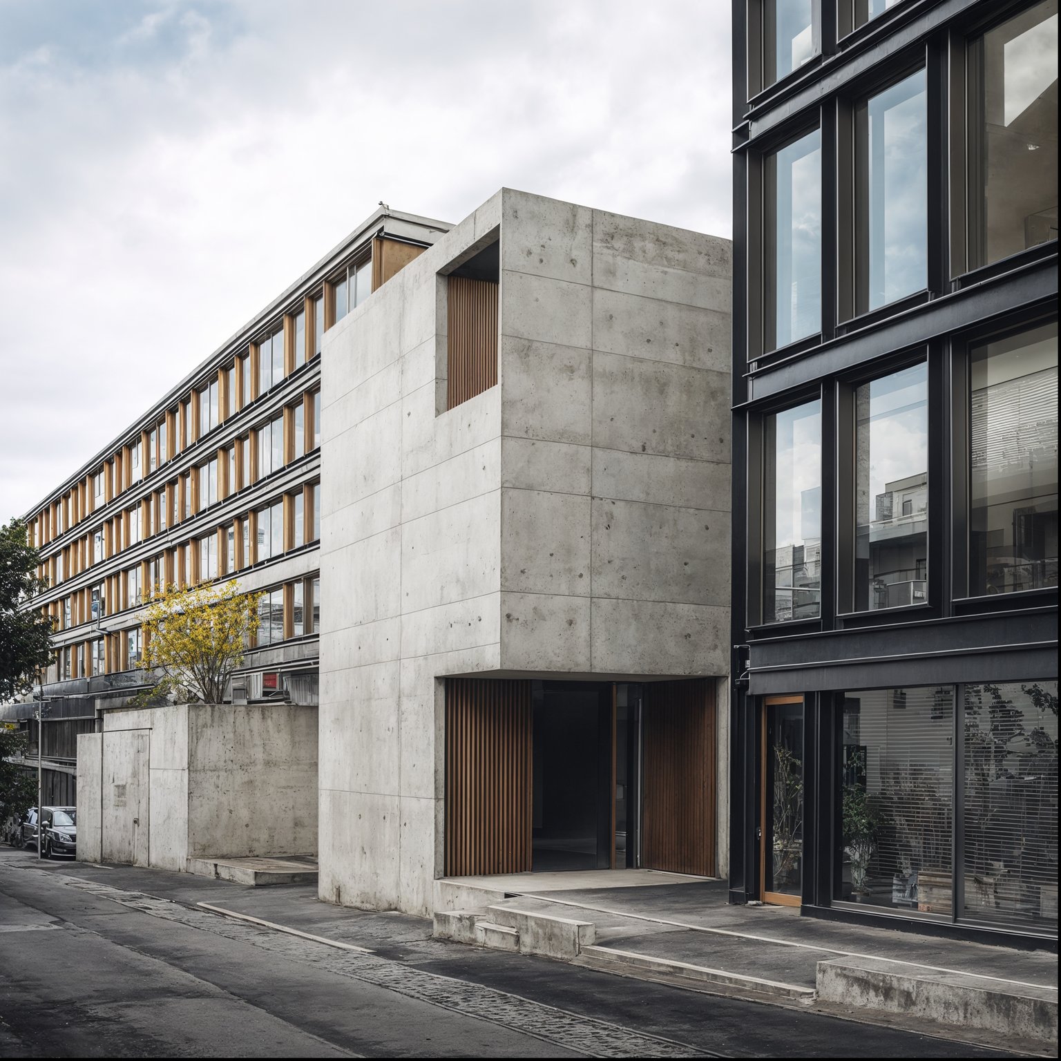 Modern buildings with exposed concrete, warm wood accents, and large glass windows on an overcast day in an urban setting.