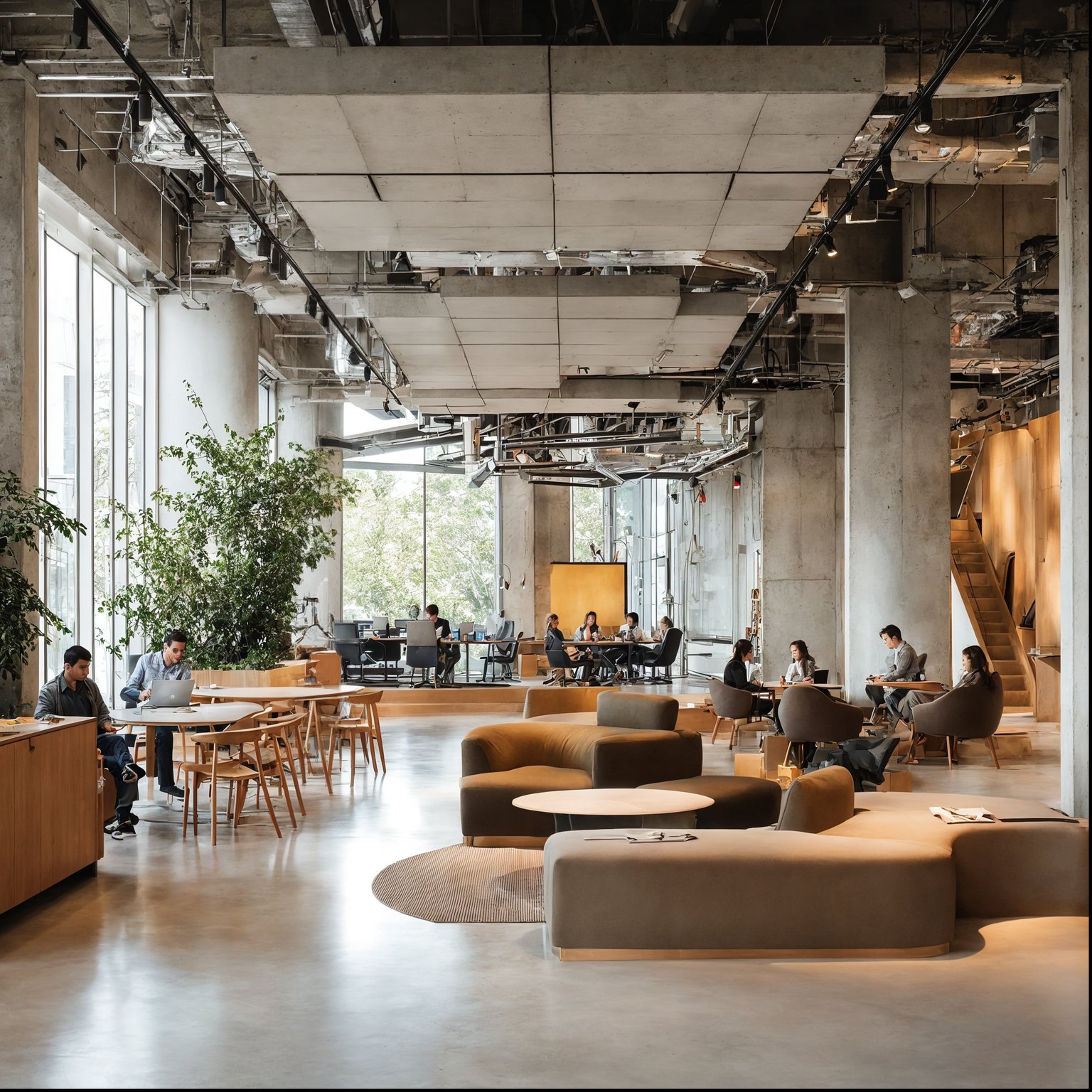 An open-plan co-working space with exposed concrete structure, large floor-to-ceiling windows, various seating areas, and people working.