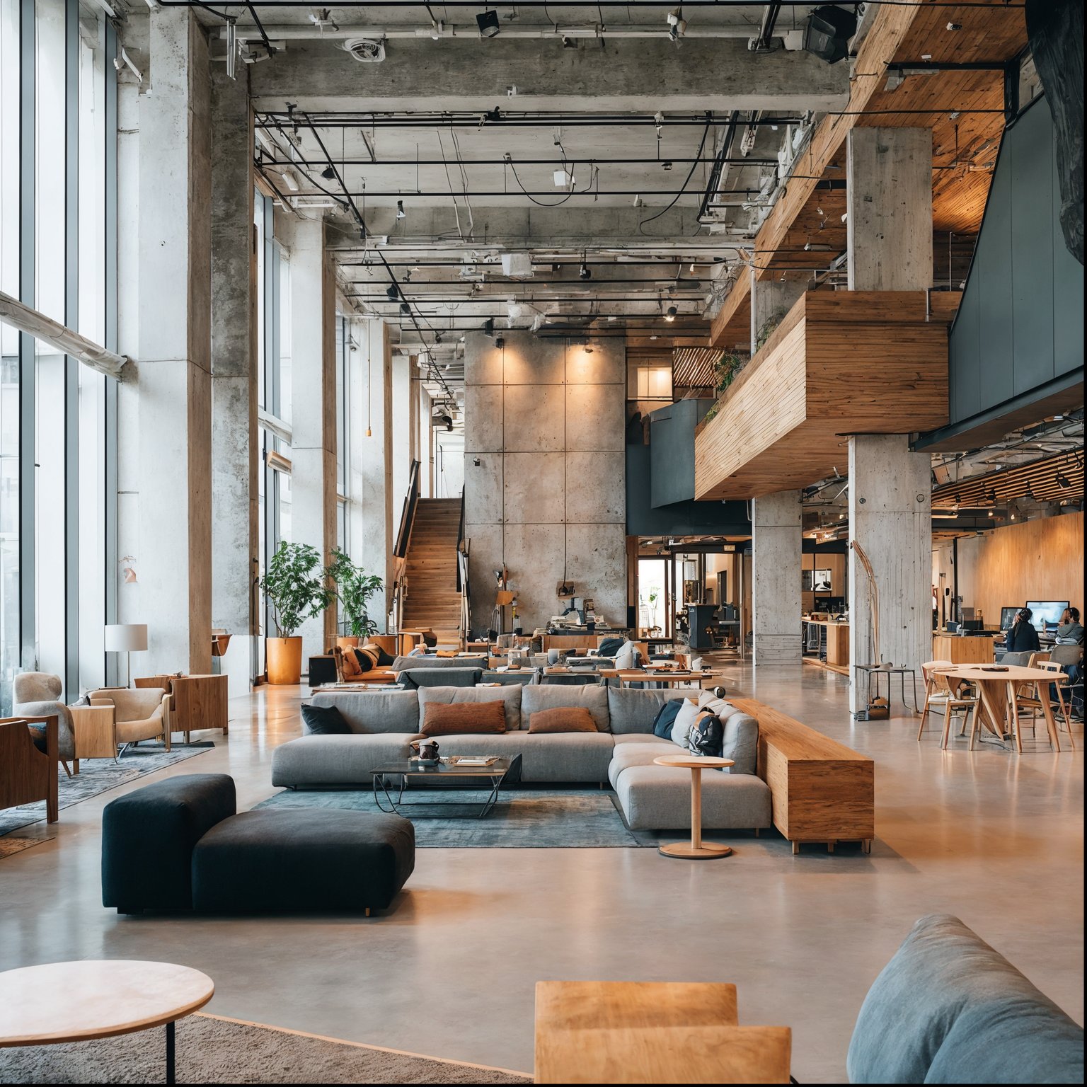 Spacious modern industrial interior with exposed concrete, warm wood accents, large windows, various seating areas, and co-working spaces.