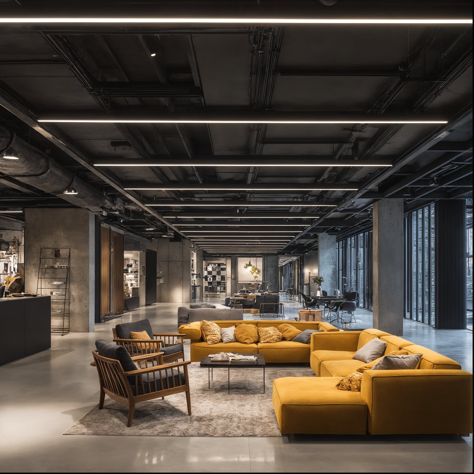 Open-plan modern office with concrete walls, exposed ceiling, linear lights, and yellow sofas.