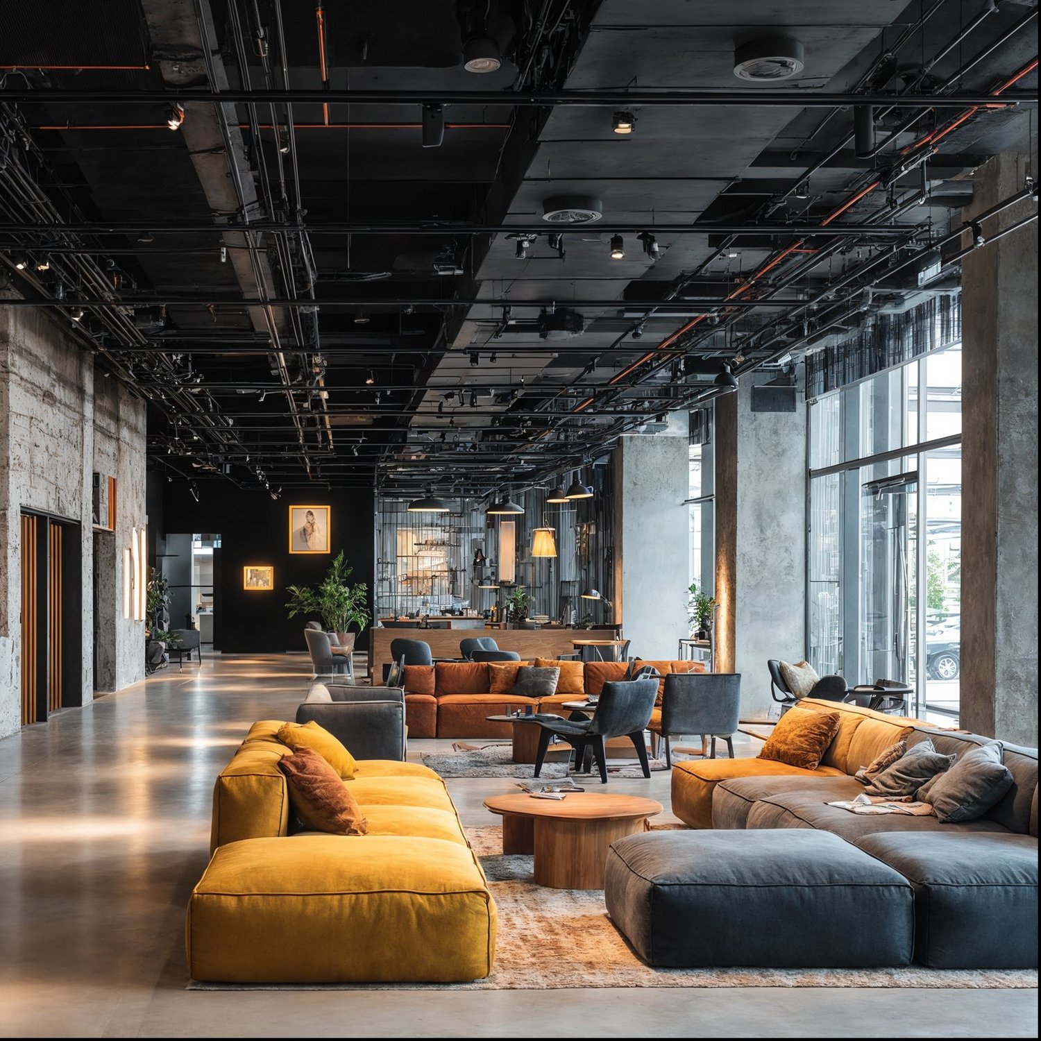 Industrial lobby with exposed ceiling, concrete walls, colorful modern sofas, and large windows.