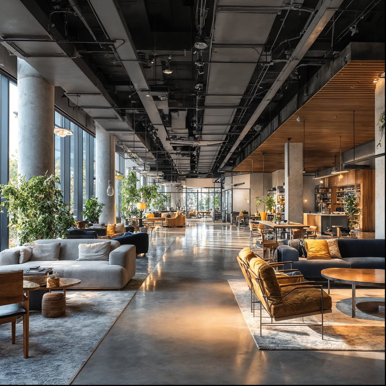 Spacious modern industrial interior with concrete, wood, plants, and large windows.