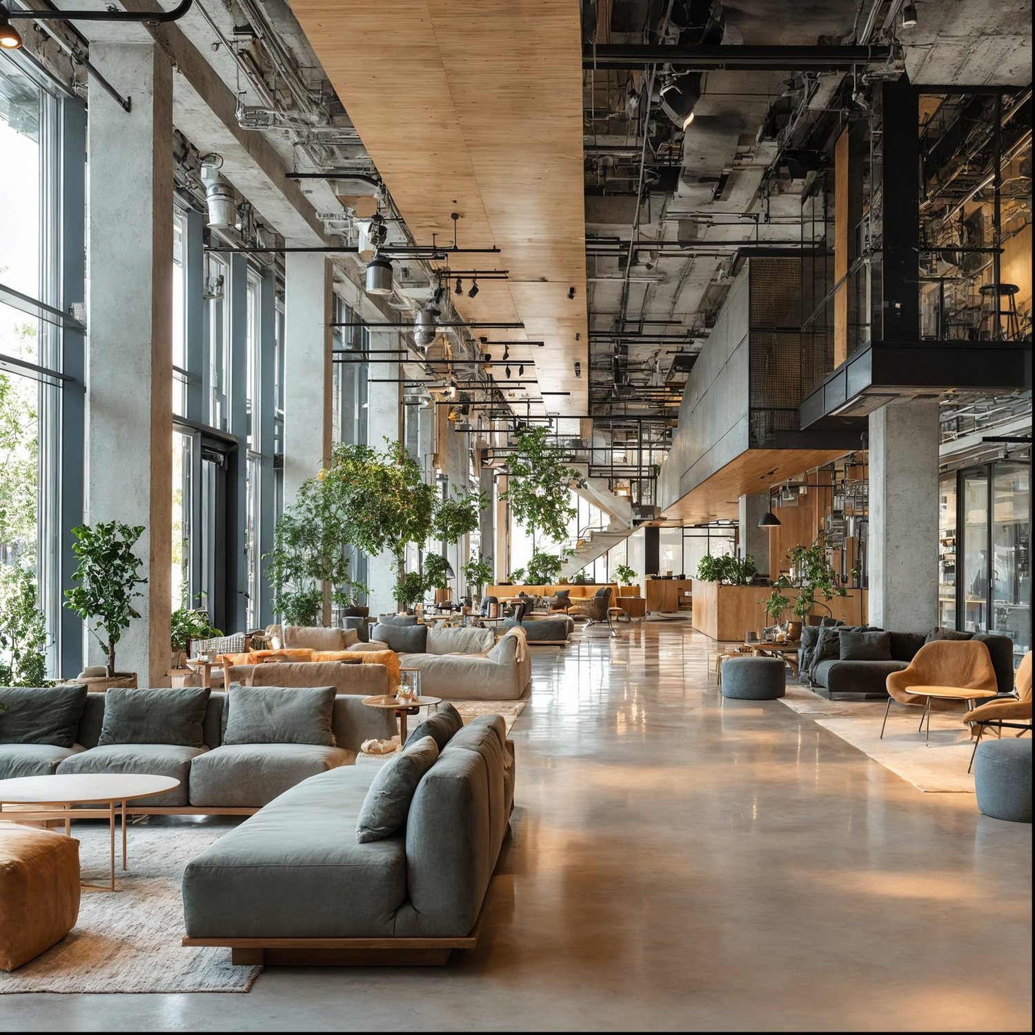 An expansive modern interior with exposed concrete columns, polished concrete floors, and full-height windows, furnished with grey sofas and green plants.
