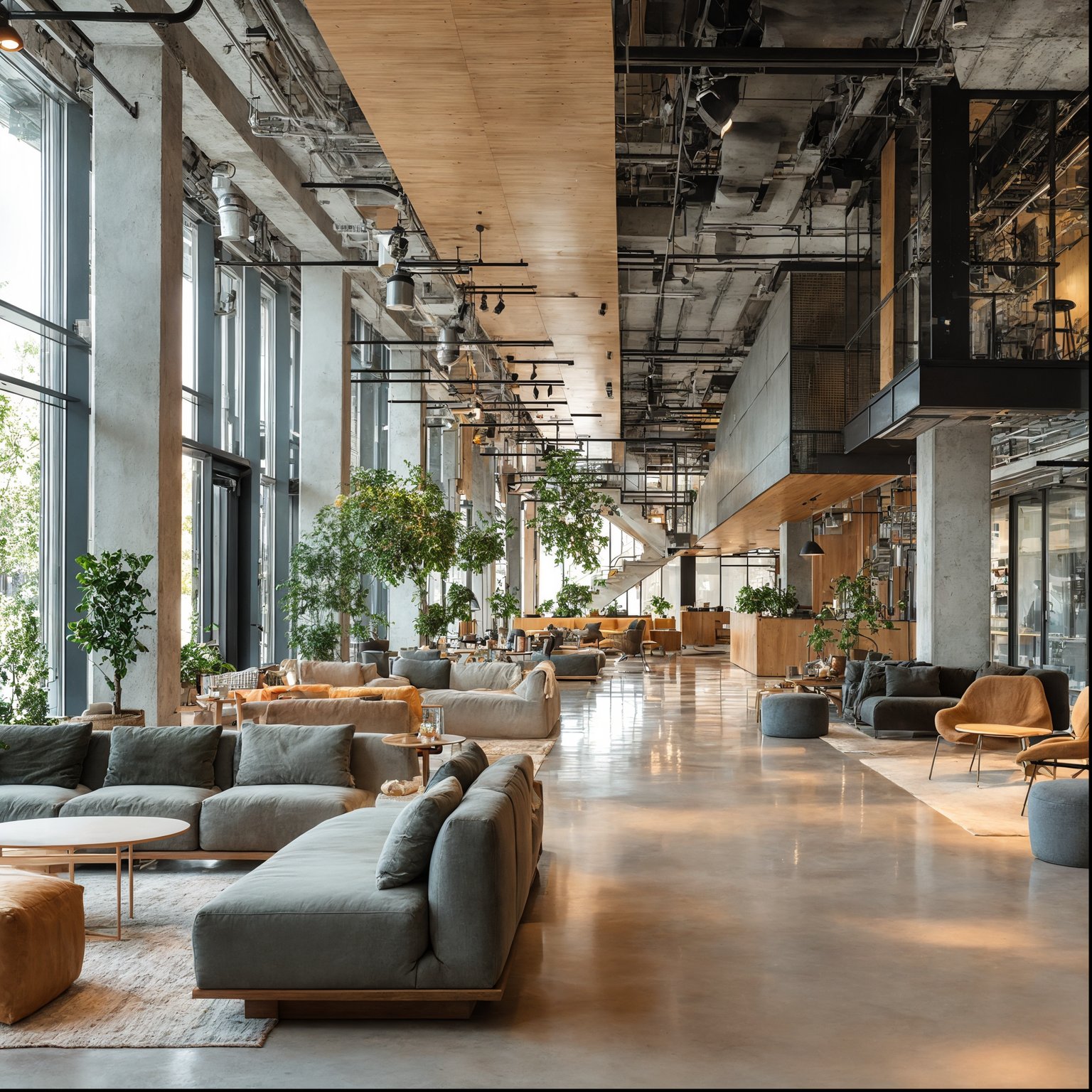 An expansive modern interior with exposed concrete columns, polished concrete floors, and full-height windows, furnished with grey sofas and green plants.
