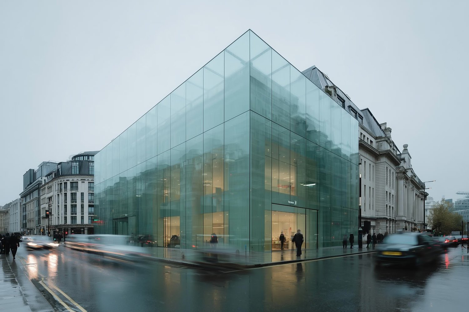 Glass-clad modern building on a wet city street with blurred cars and pedestrians under an overcast sky.