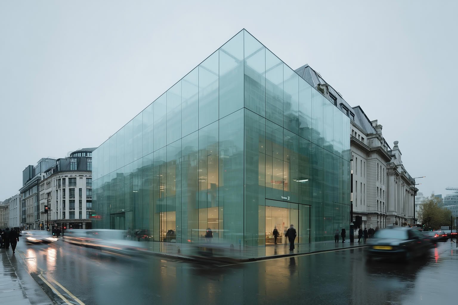 Glass-clad modern building on a wet city street with blurred cars and pedestrians under an overcast sky.