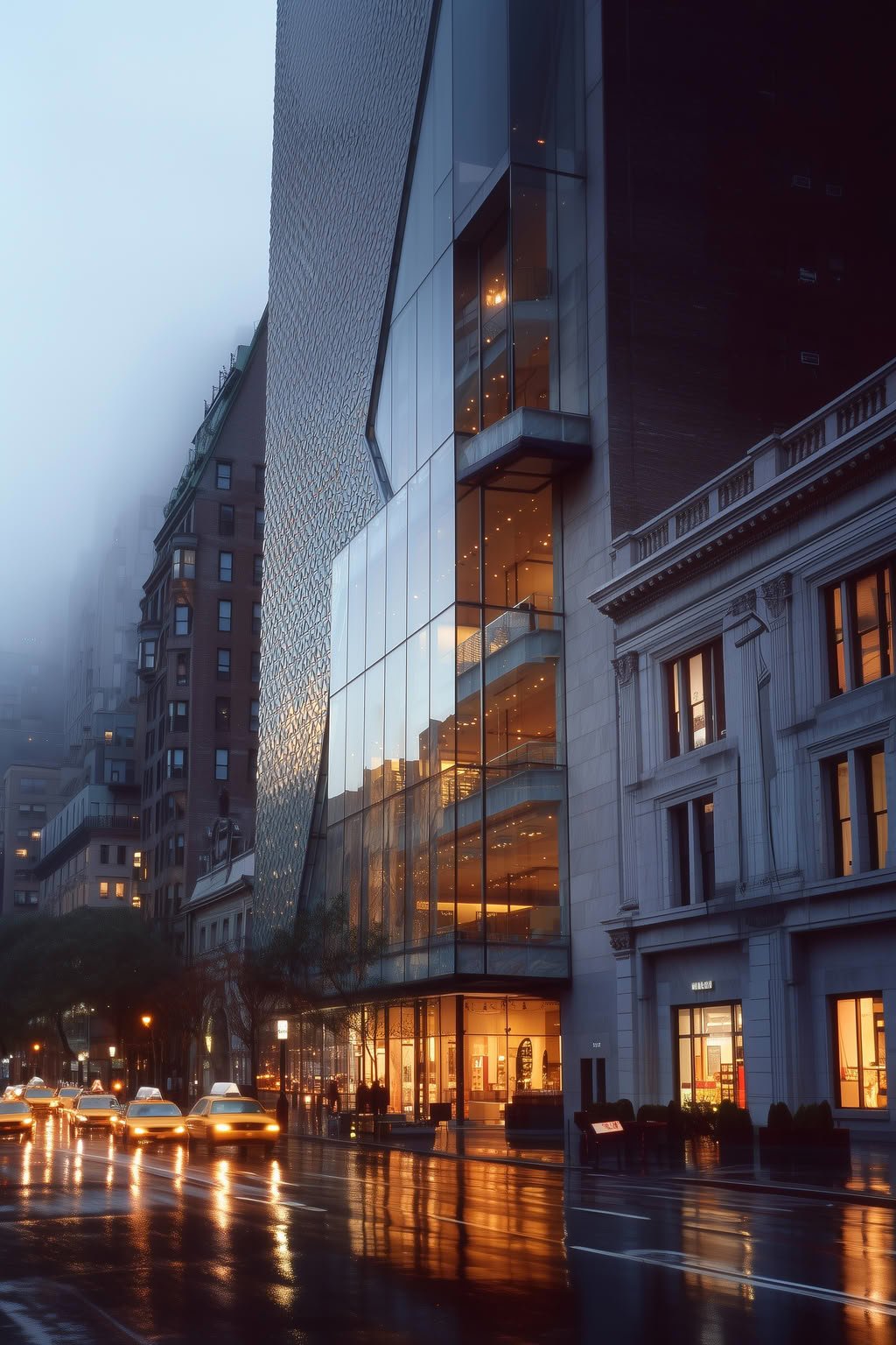 Urban street scene at dusk with modern glass and textured buildings, warm interior lights reflecting on a wet street with taxis.