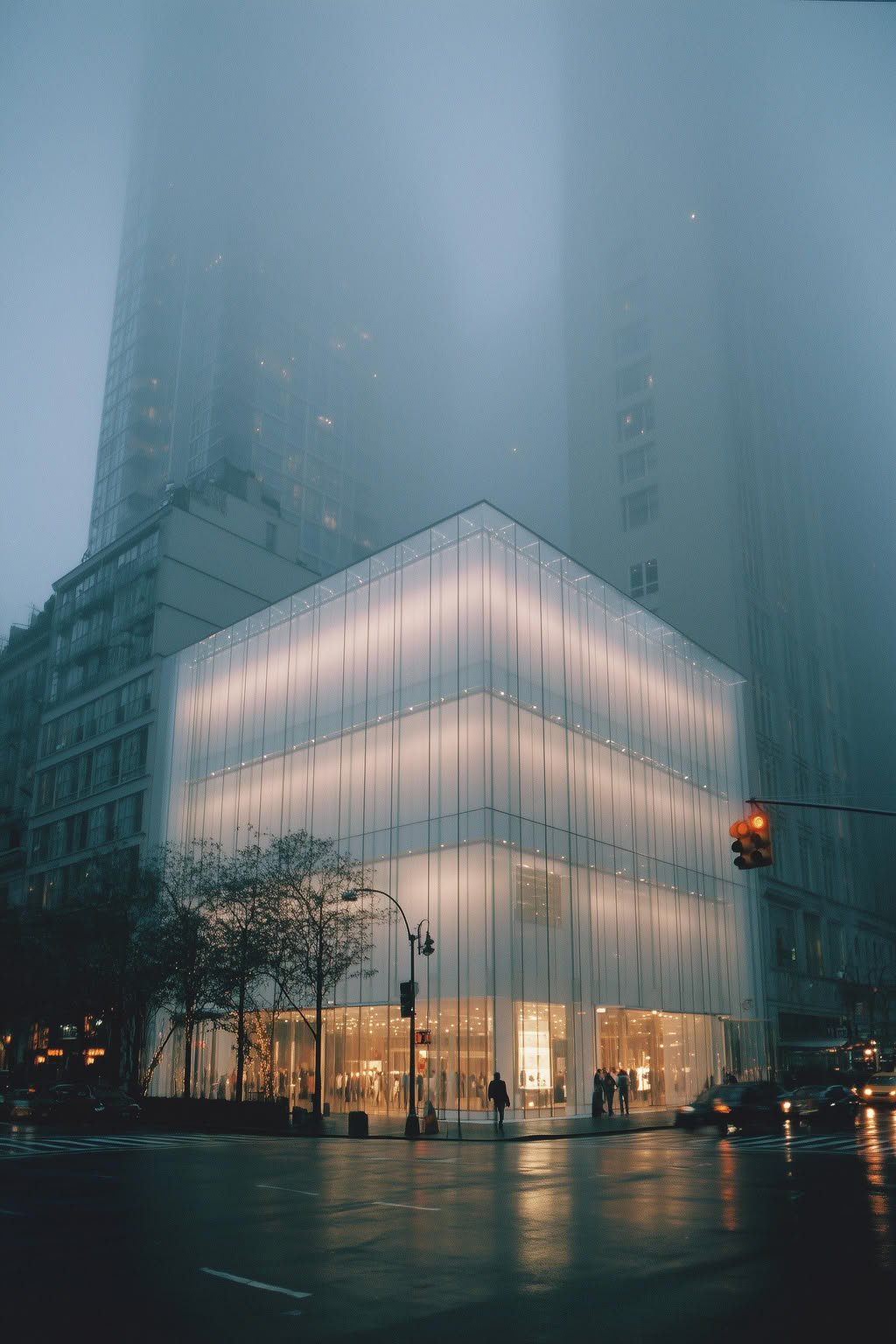 Modern glass building glowing in dense fog at night, wet street, city lights.