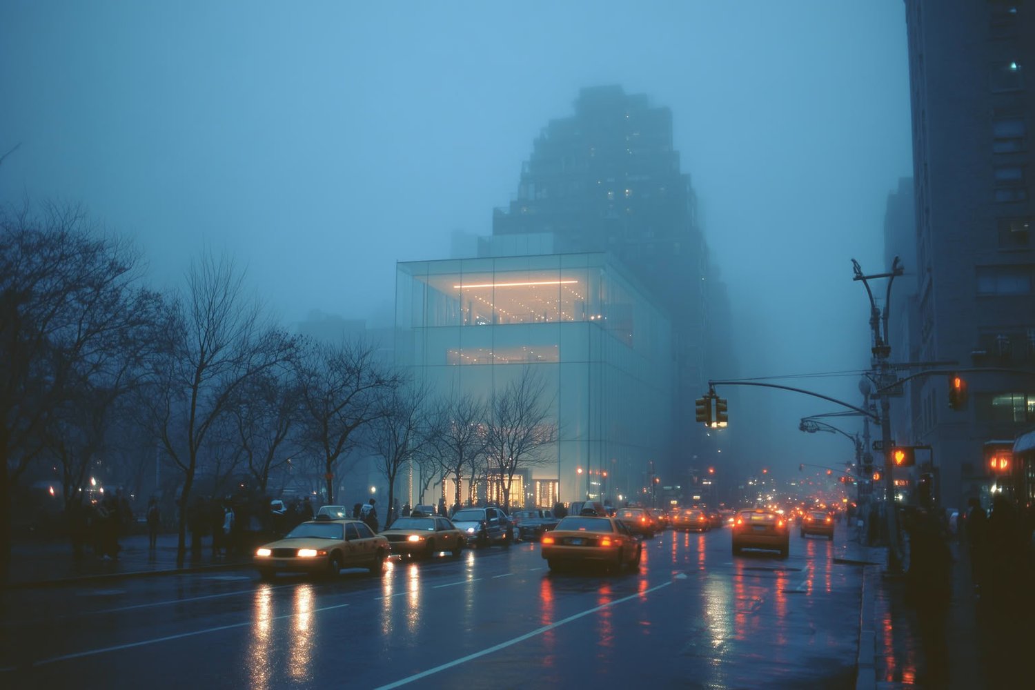 Foggy city street with modern glass buildings, traffic, and wet asphalt at night.