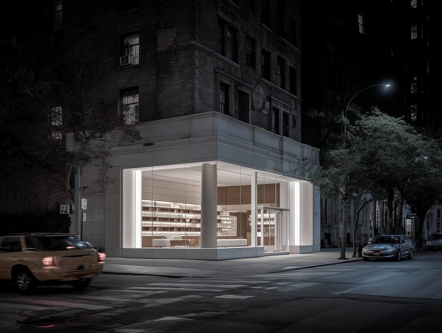 Modern glass storefront on a dark urban street corner at night, with a brightly lit minimalist interior.