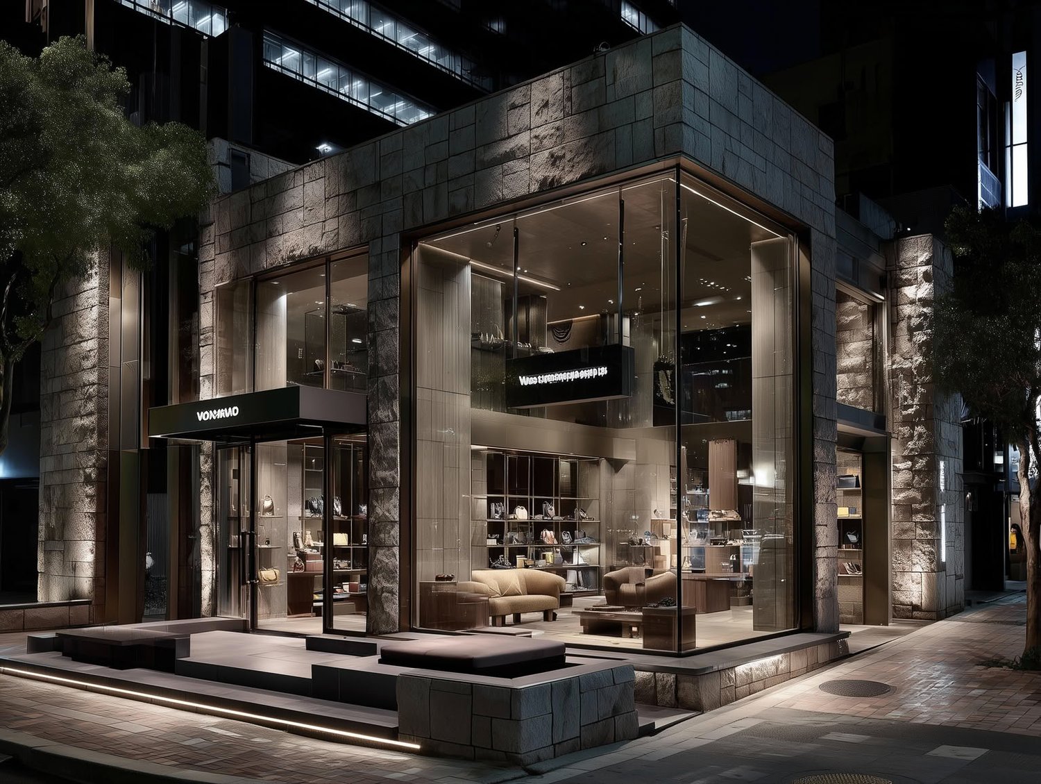 Night view of a modern retail store with large glass windows and stone exterior. Awning reads 'VONMAUD'. Lit interior shows products.