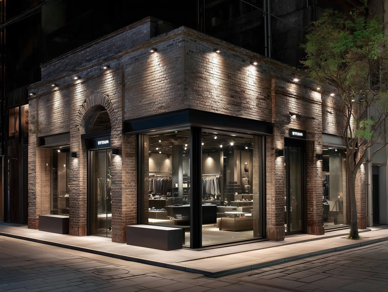 Nighttime view of a modern brick retail building with large glass storefronts and warm lighting.