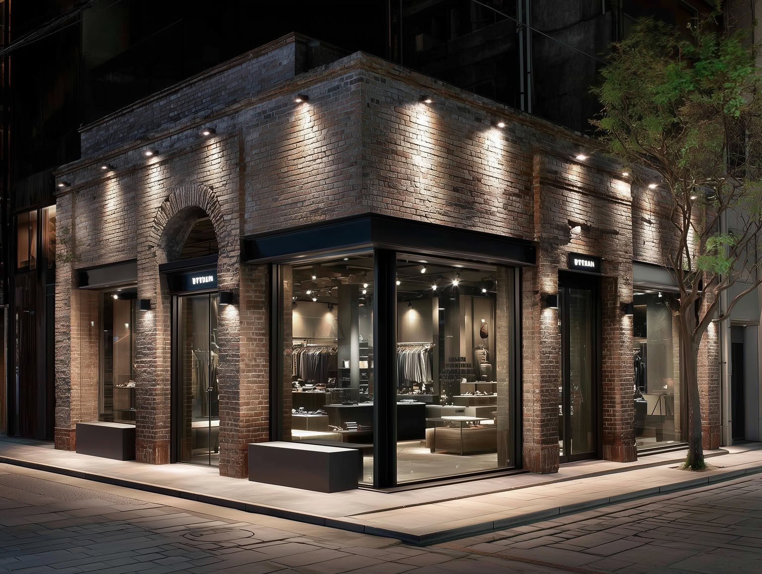 Nighttime view of a modern brick retail building with large glass storefronts and warm lighting.