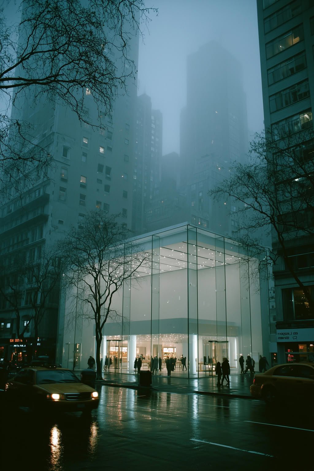 Modern glass building illuminated at dusk on a wet street with misty city background.