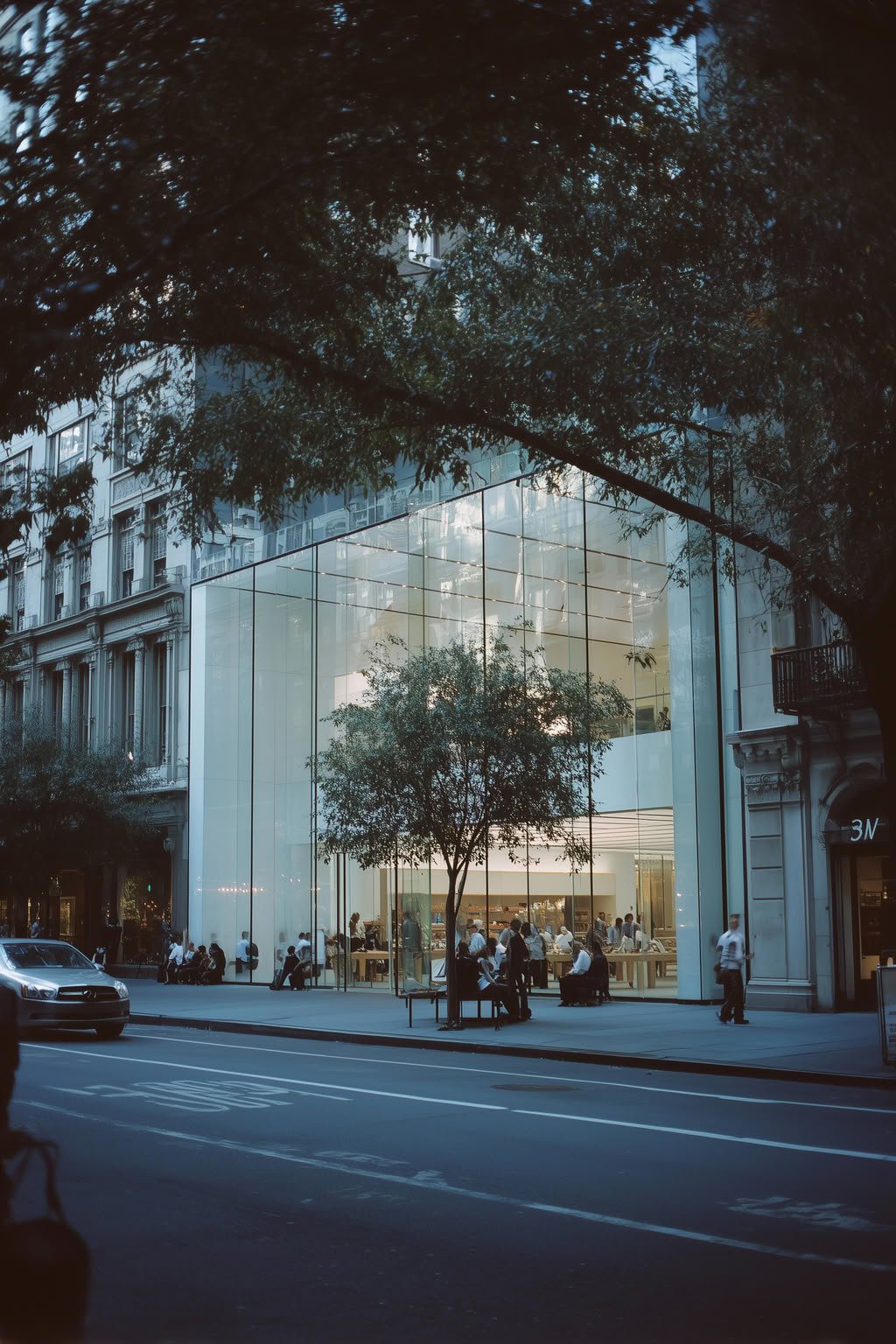 Urban scene featuring a modern building with a transparent glass facade, brightly lit interior, and people inside and out.