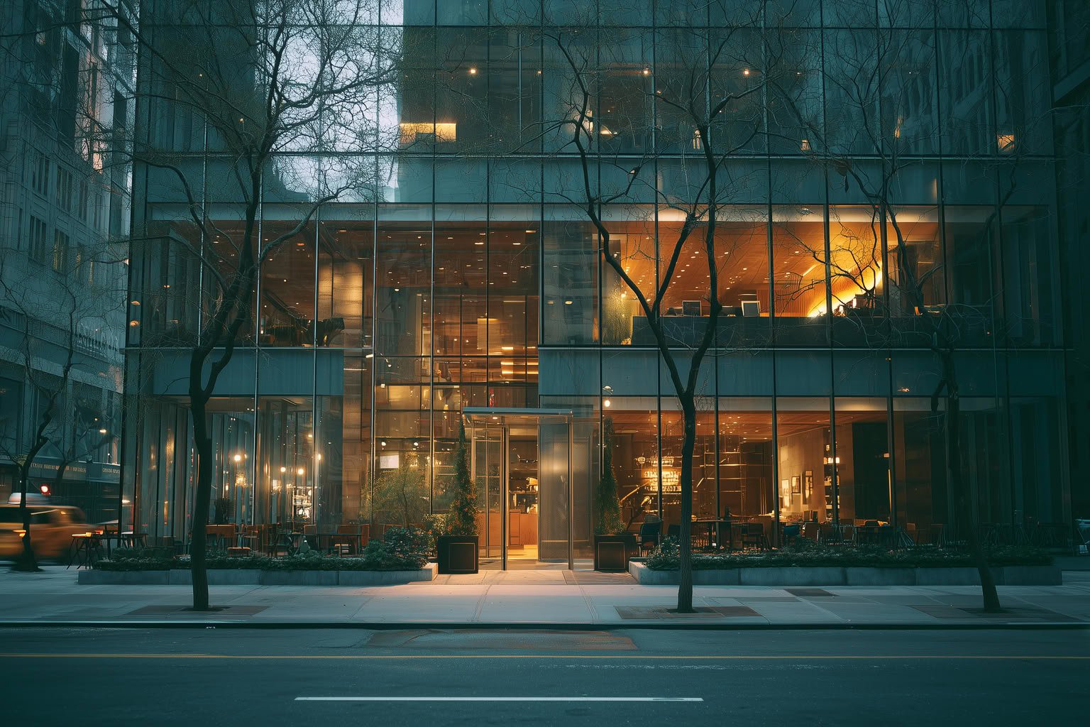 Modern glass building with illuminated interiors and bare trees at dusk on a city street.