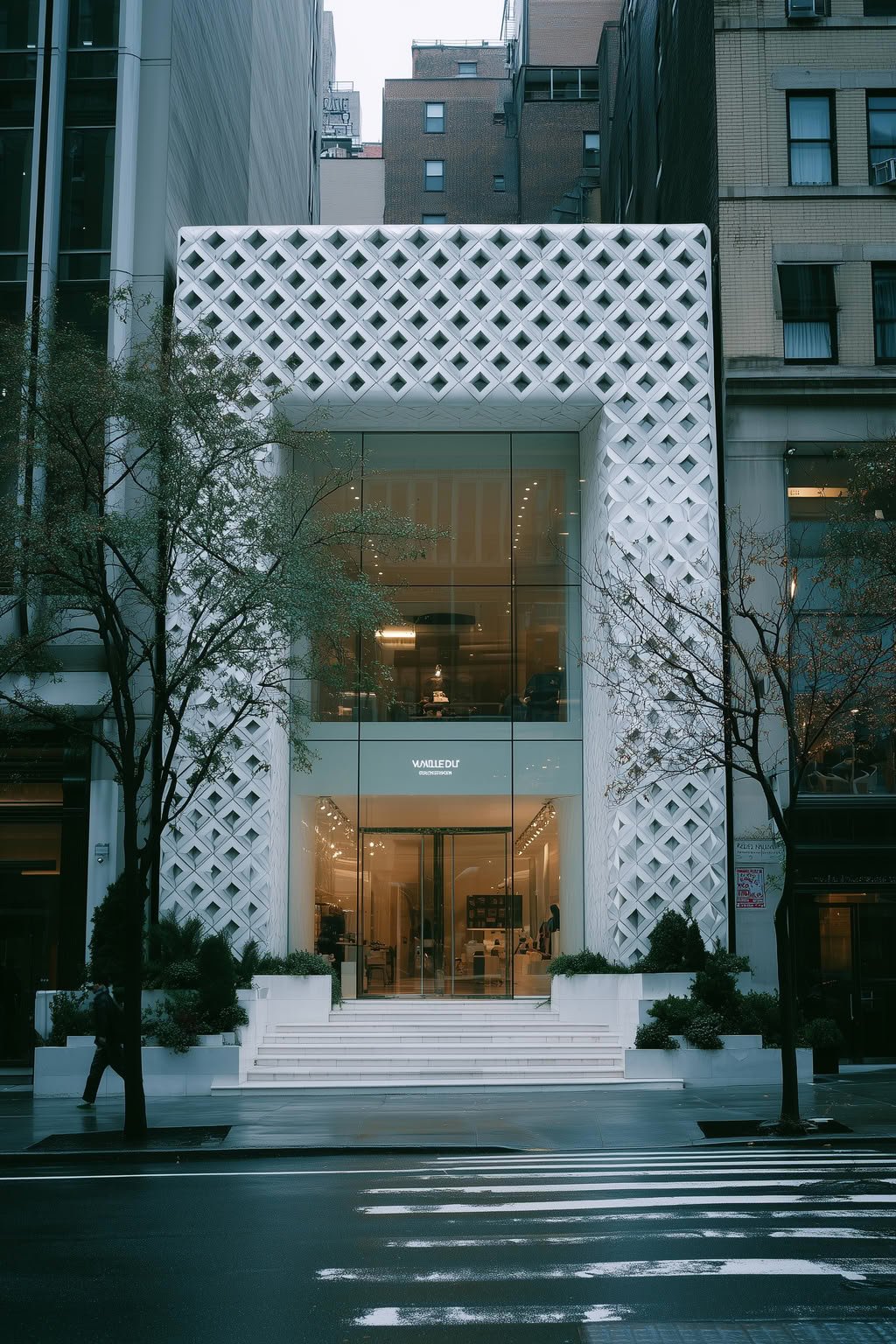 A modern building with a white patterned facade, large glass windows, and white steps. Two trees stand on a wet street.