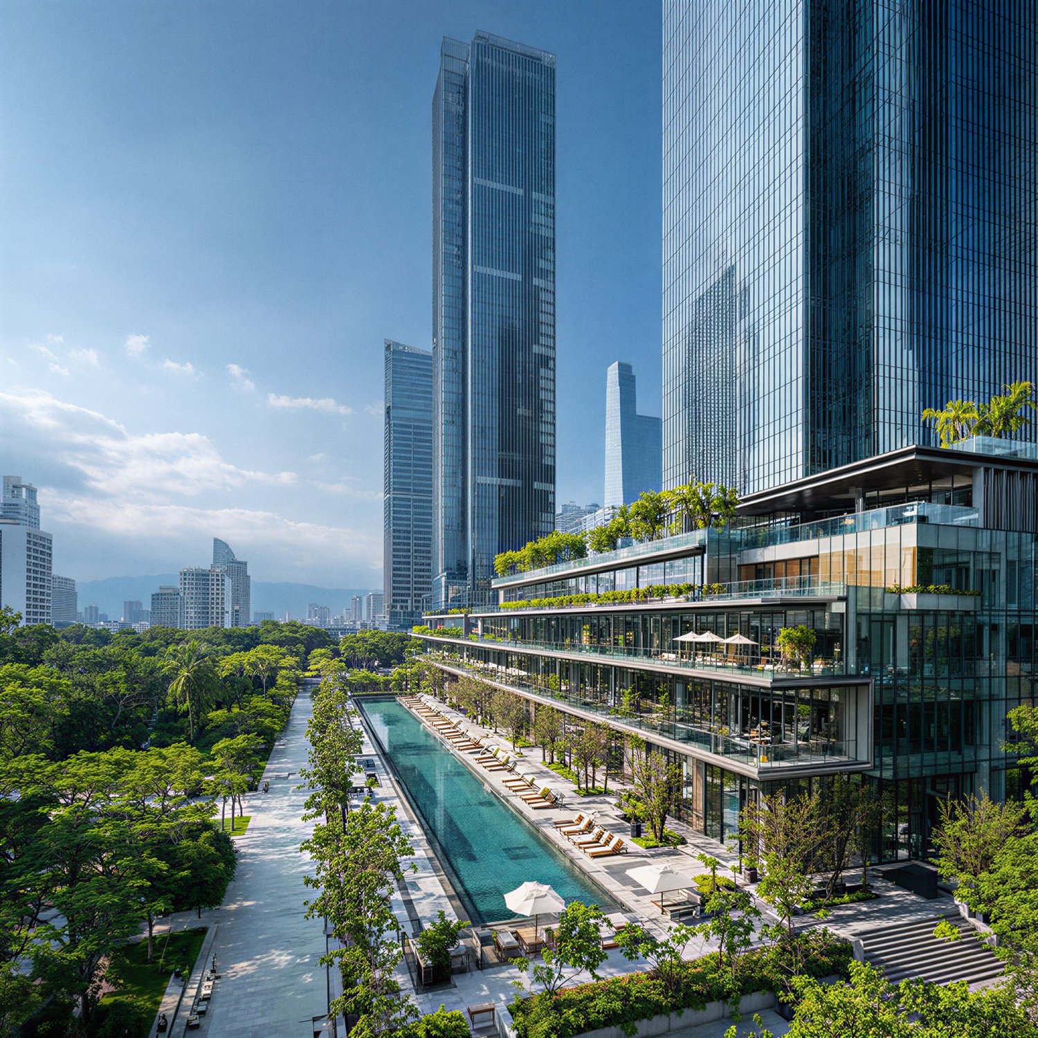 Modern glass high-rise towers with terraced green spaces, a long pool, and urban park.