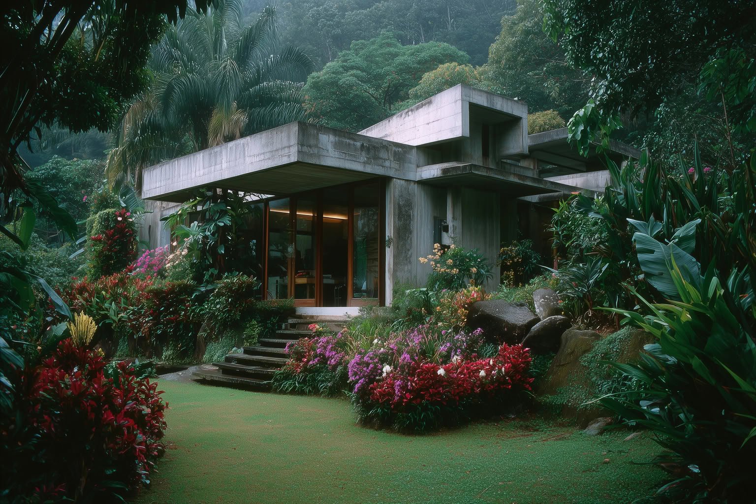 Modern concrete house with large glass windows amidst lush tropical gardens.