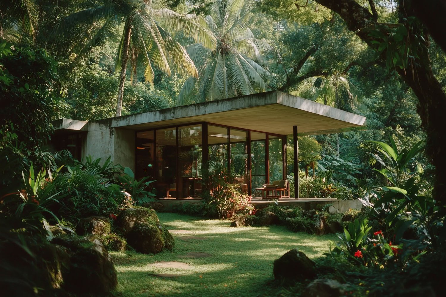Modern concrete and glass house nestled in a lush tropical garden with dappled light.