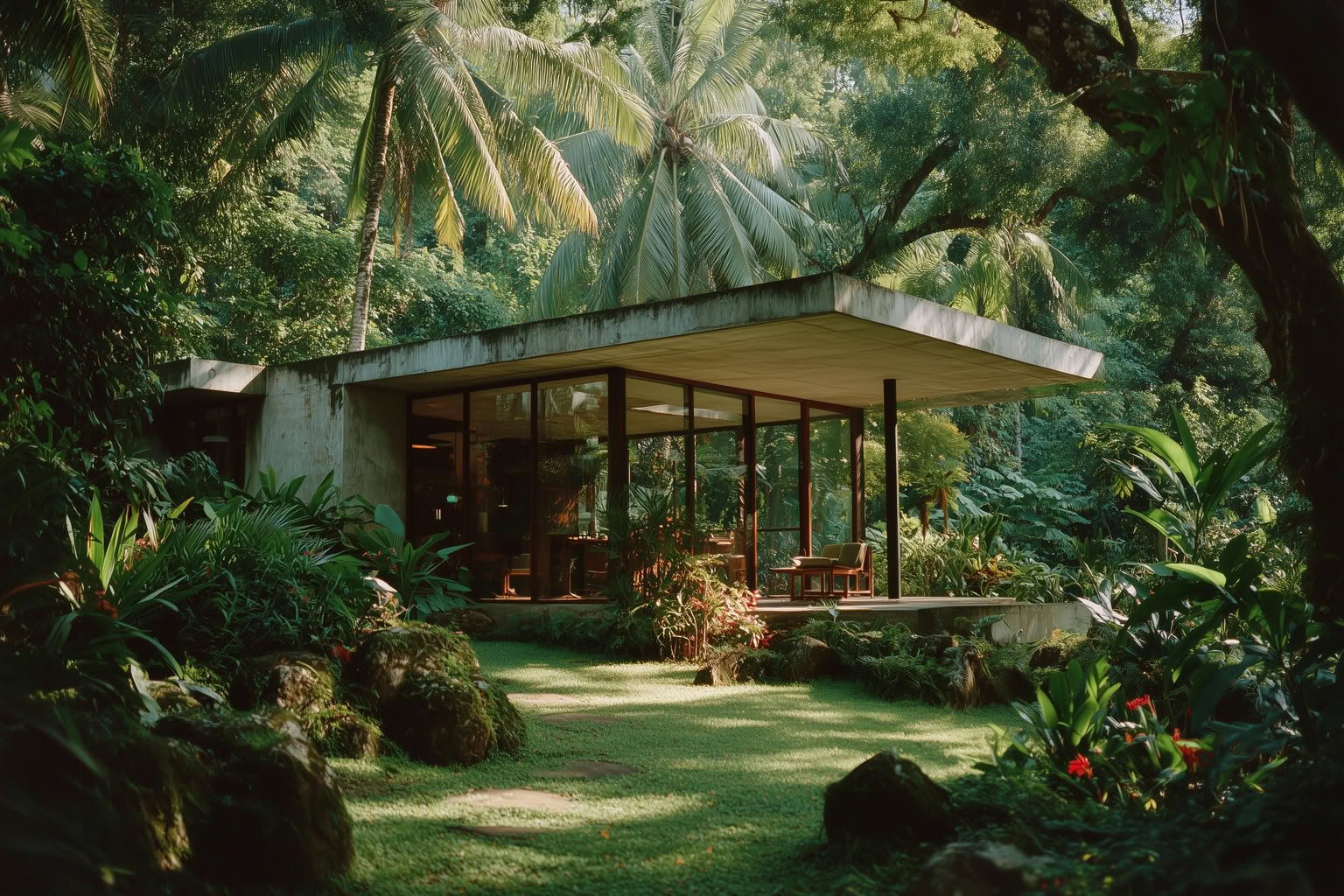 Modern concrete and glass house nestled in a lush tropical garden with dappled light.