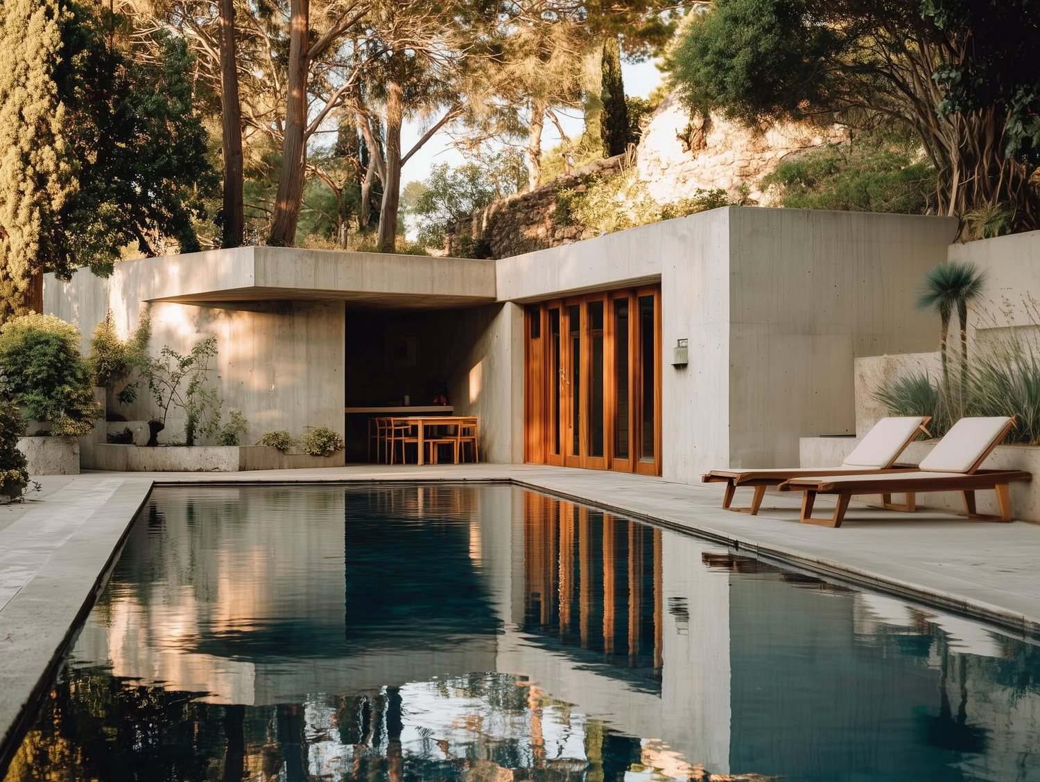 A modern concrete building with wooden doors, a swimming pool, and lounge chairs, surrounded by trees under golden light.