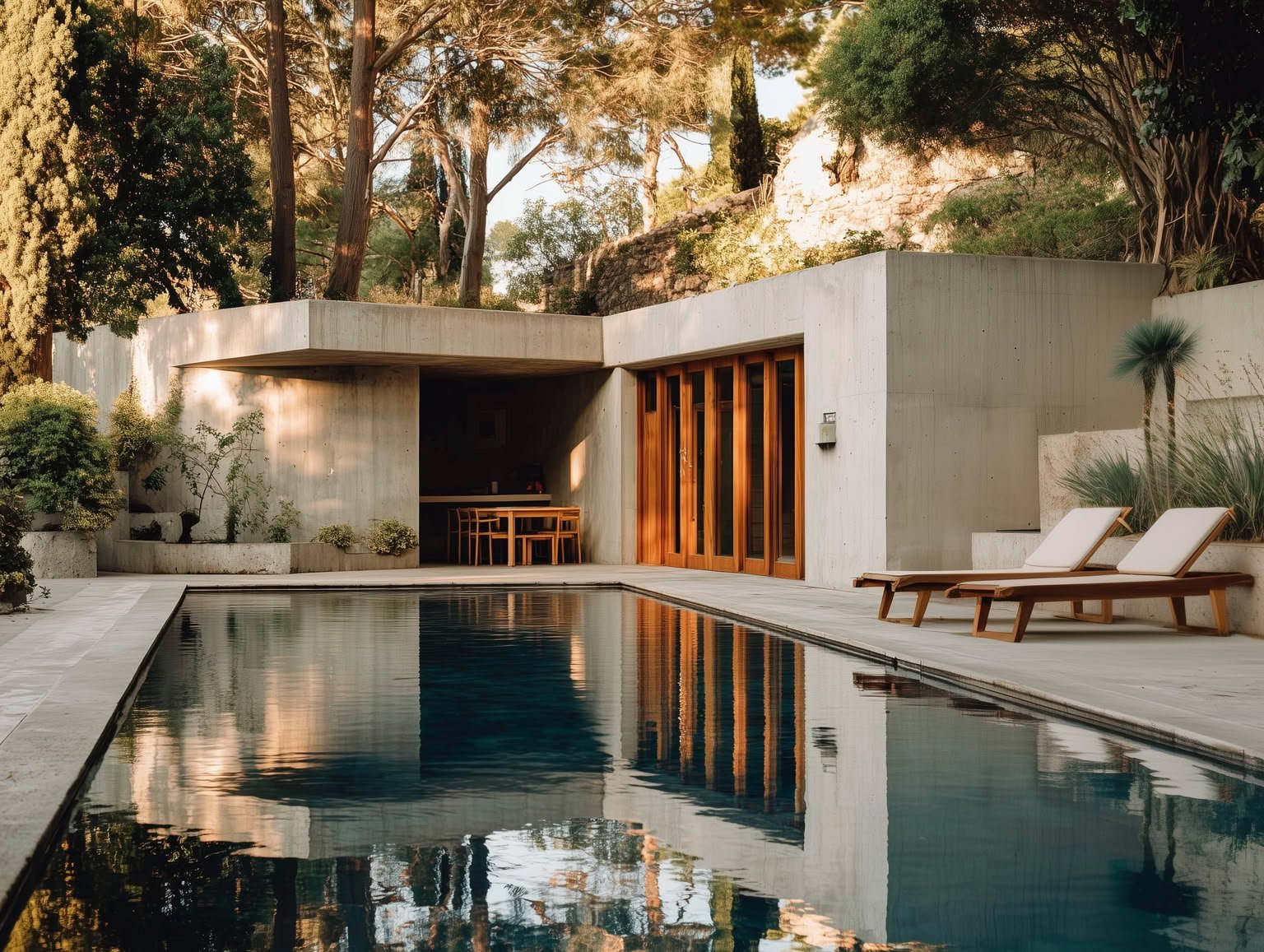 A modern concrete building with wooden doors, a swimming pool, and lounge chairs, surrounded by trees under golden light.