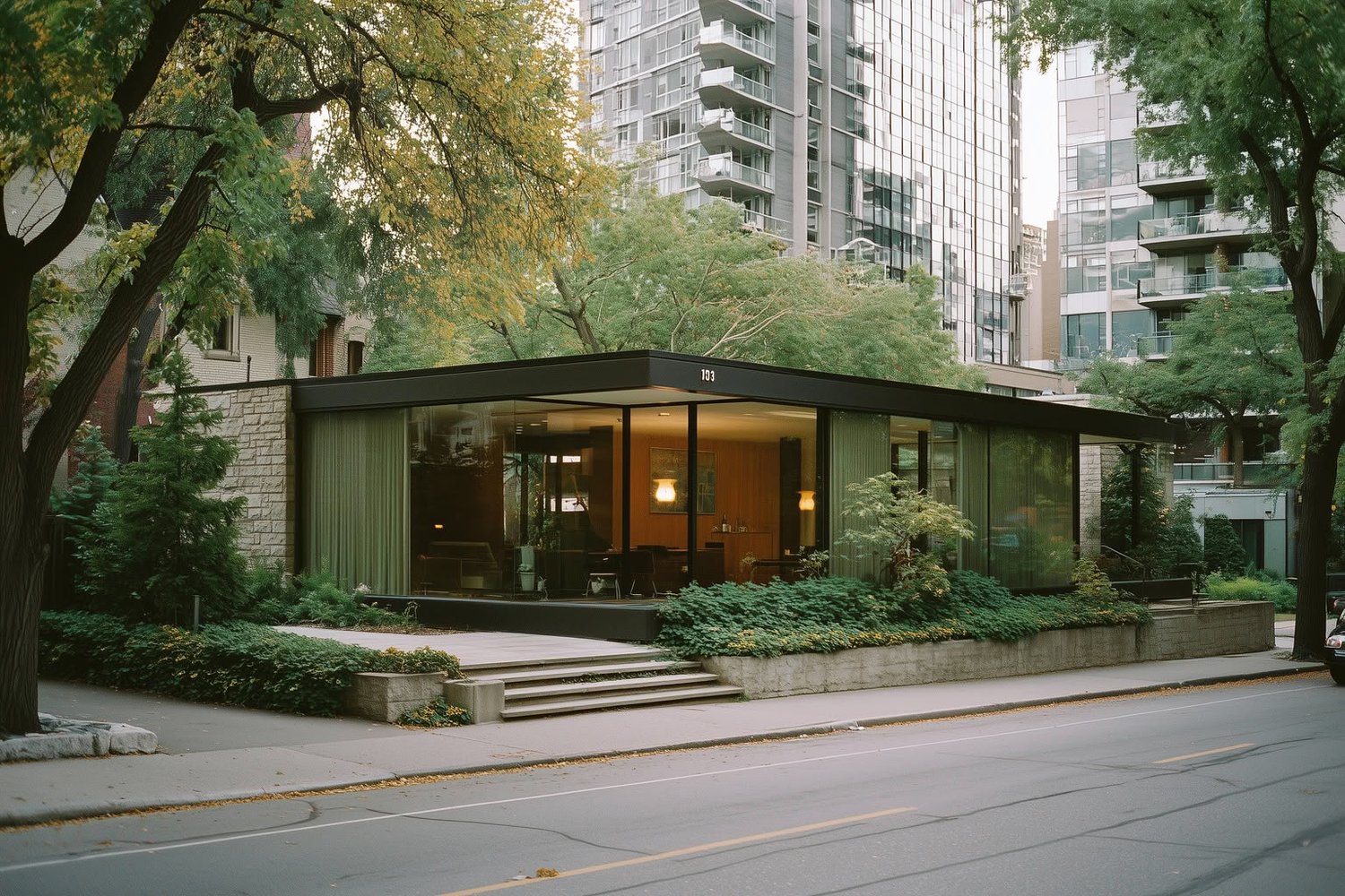 Modern single-story building with glass walls, stone facade, and dark roof, surrounded by trees on a city street.