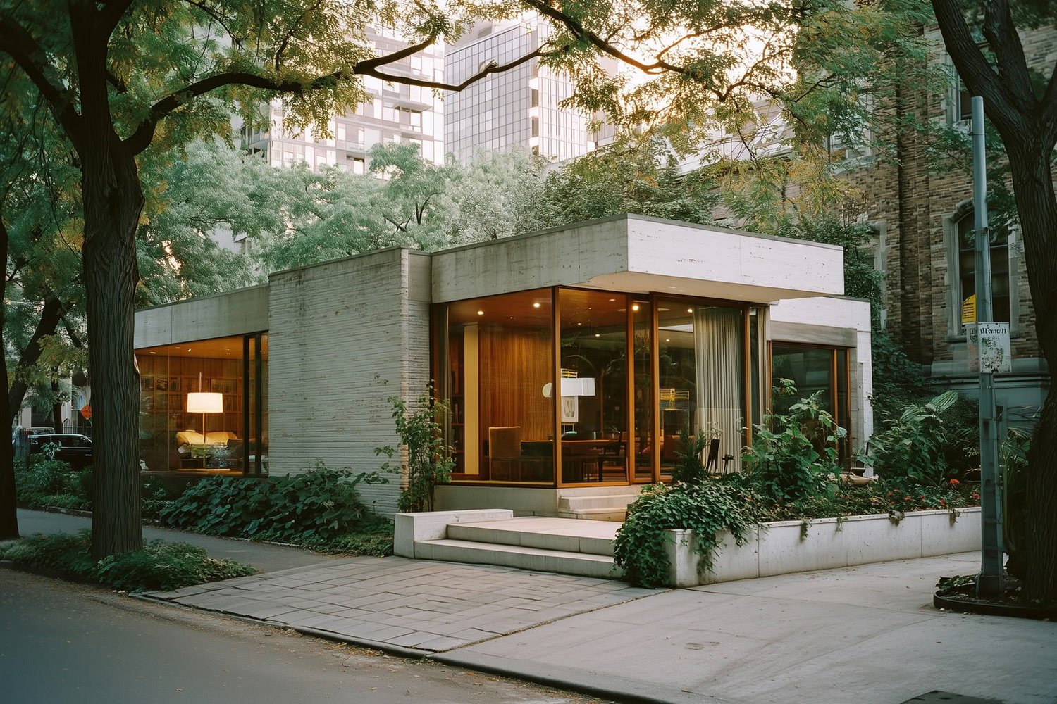 Modern building with large glass windows and light brick walls on a tree-lined street.