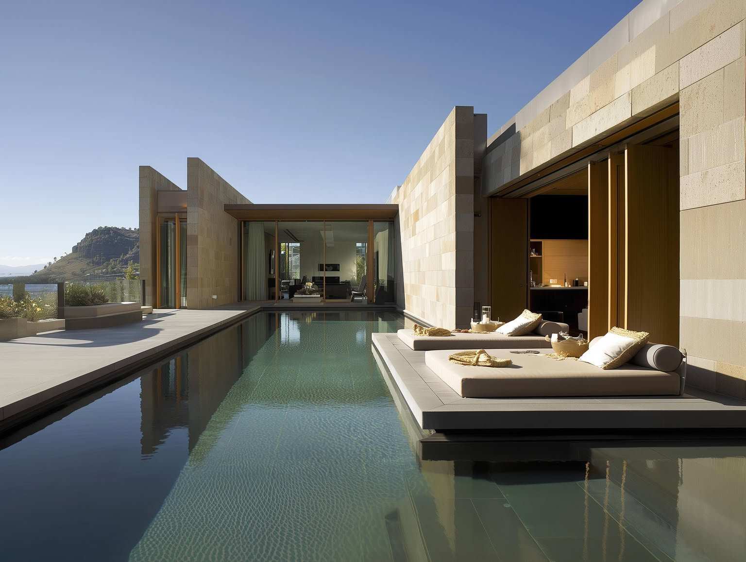 Modern stone building with infinity pool, floating daybeds, and mountain view under clear sky.