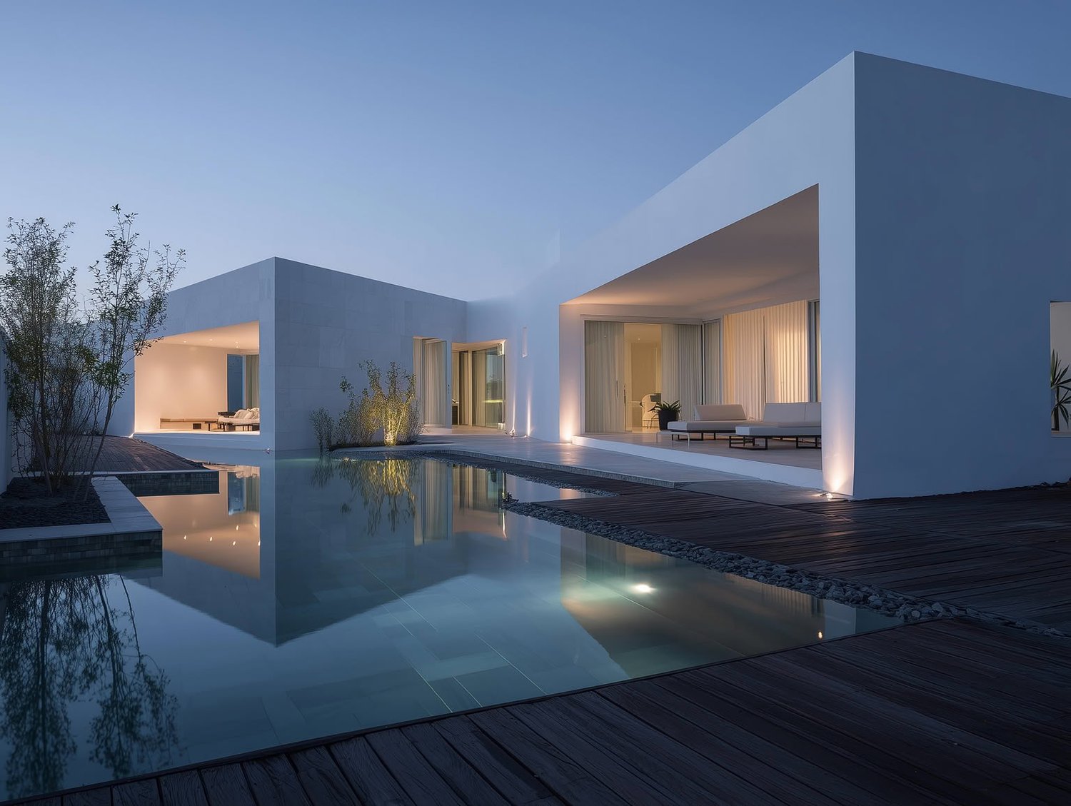 Modern white house with flat roof, pool, and illuminated outdoor living spaces at dusk.