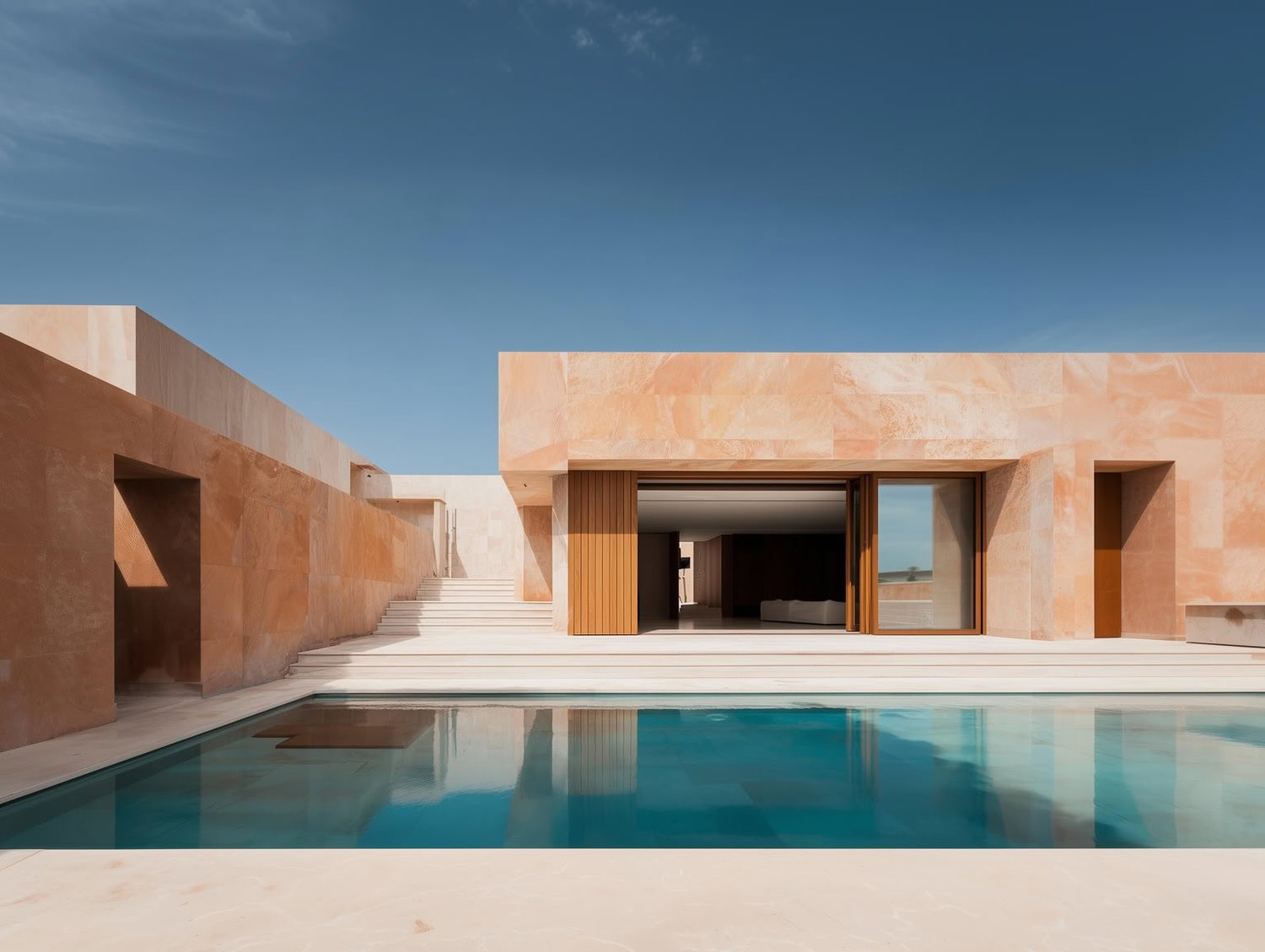 Modern desert-style building with light stone facade, swimming pool, and clear blue sky.