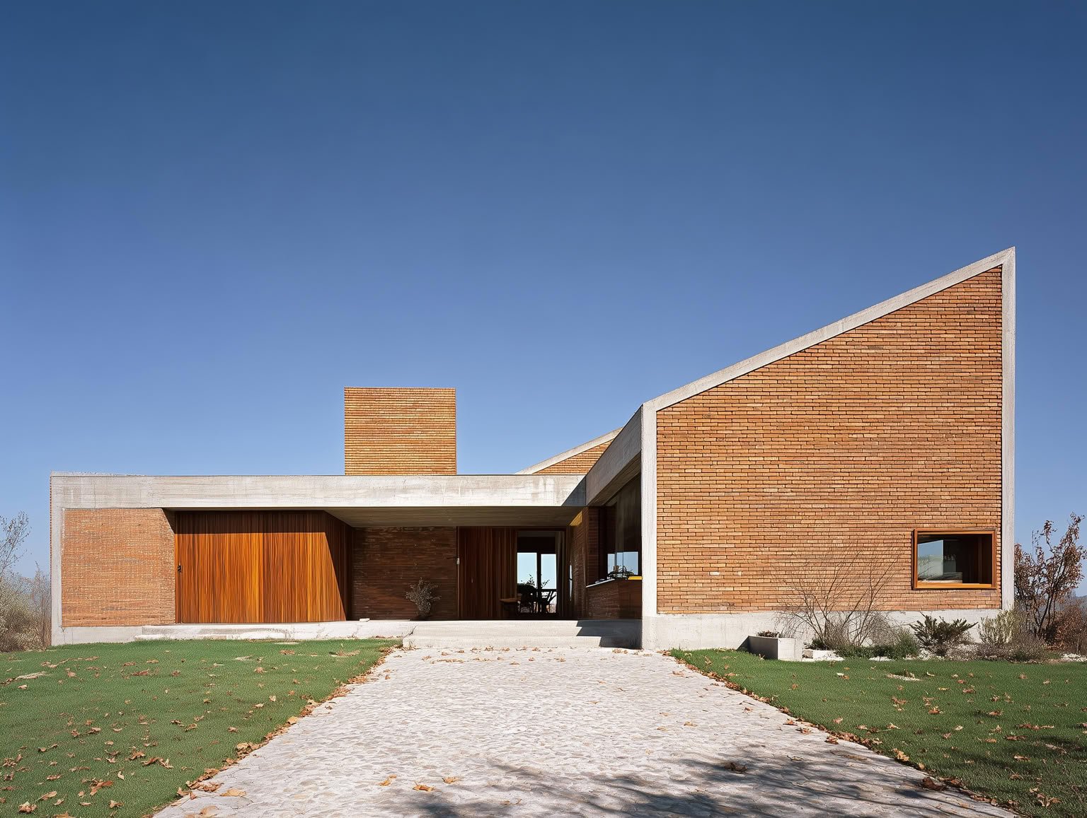 Modern home with red brick walls, concrete structure, warm wood accents, under blue sky.