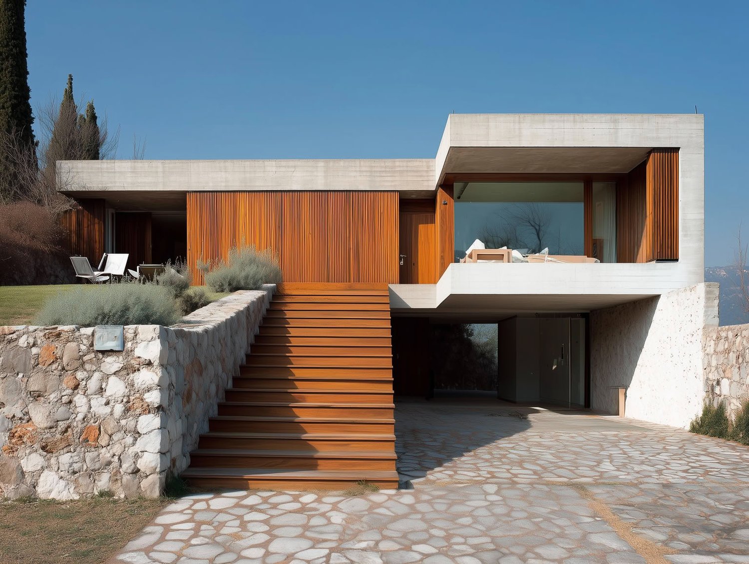 Modern house with raw concrete, warm wood siding, large windows, and stone retaining wall.