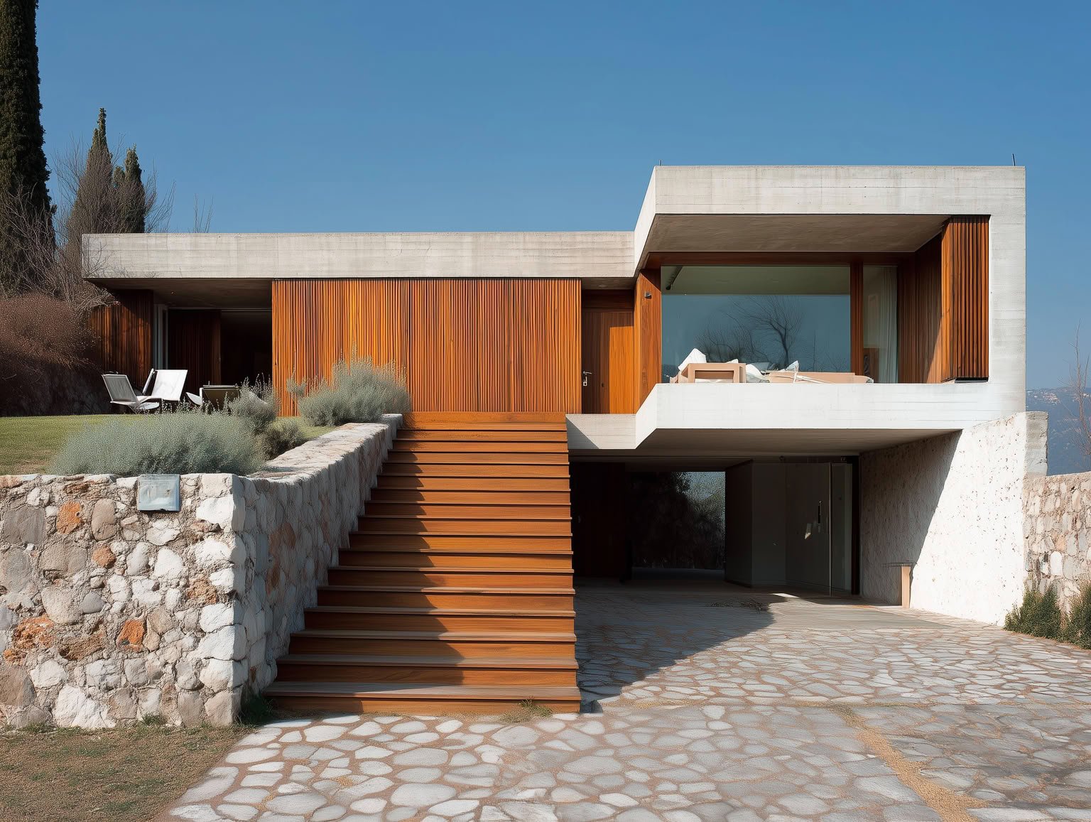 Modern house with raw concrete, warm wood siding, large windows, and stone retaining wall.