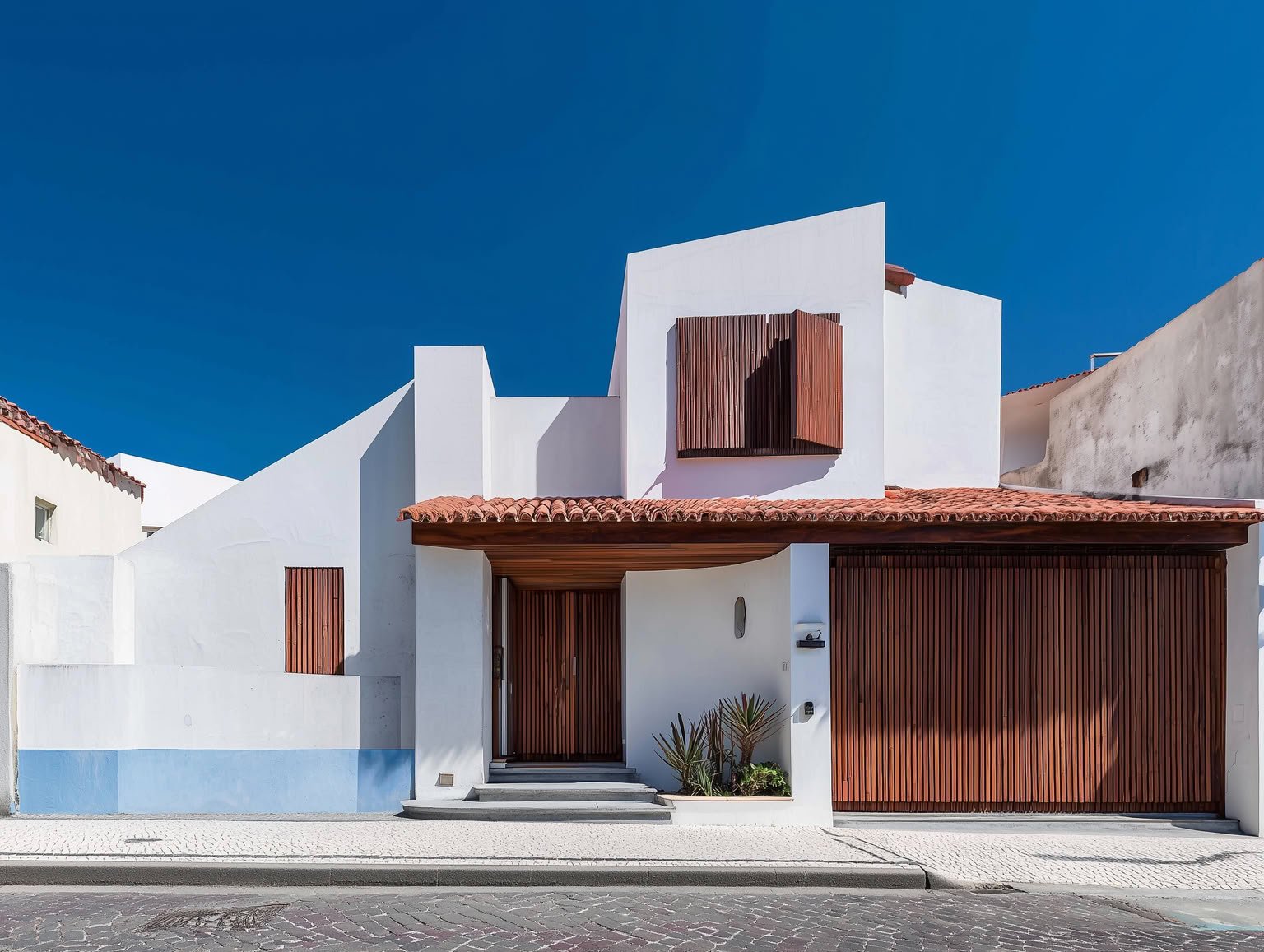 Minimalist white house, wooden doors and shutters, terracotta roof under clear blue sky.