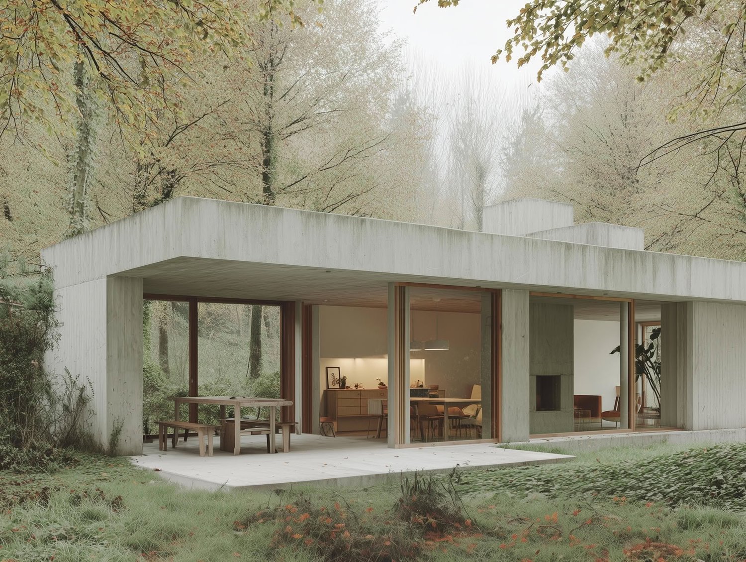 Modern concrete house with large glass windows, a wooden patio set, surrounded by a green forest with autumn leaves.