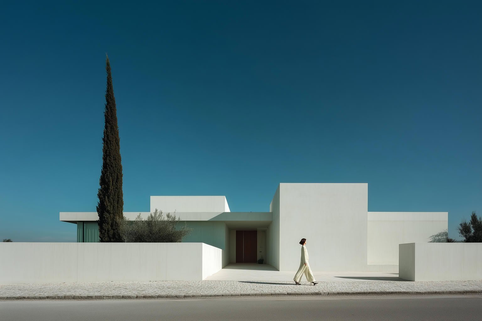 White minimalist modern building, tall cypress tree, and person walking under blue sky.