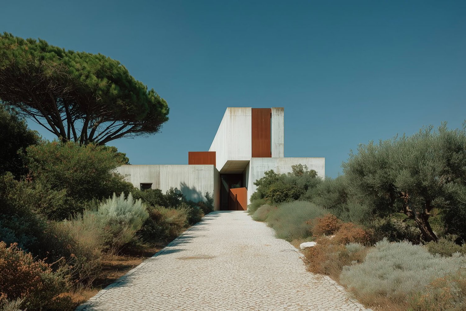 Modern concrete and corten steel building nestled in dry Mediterranean landscape under clear blue sky.